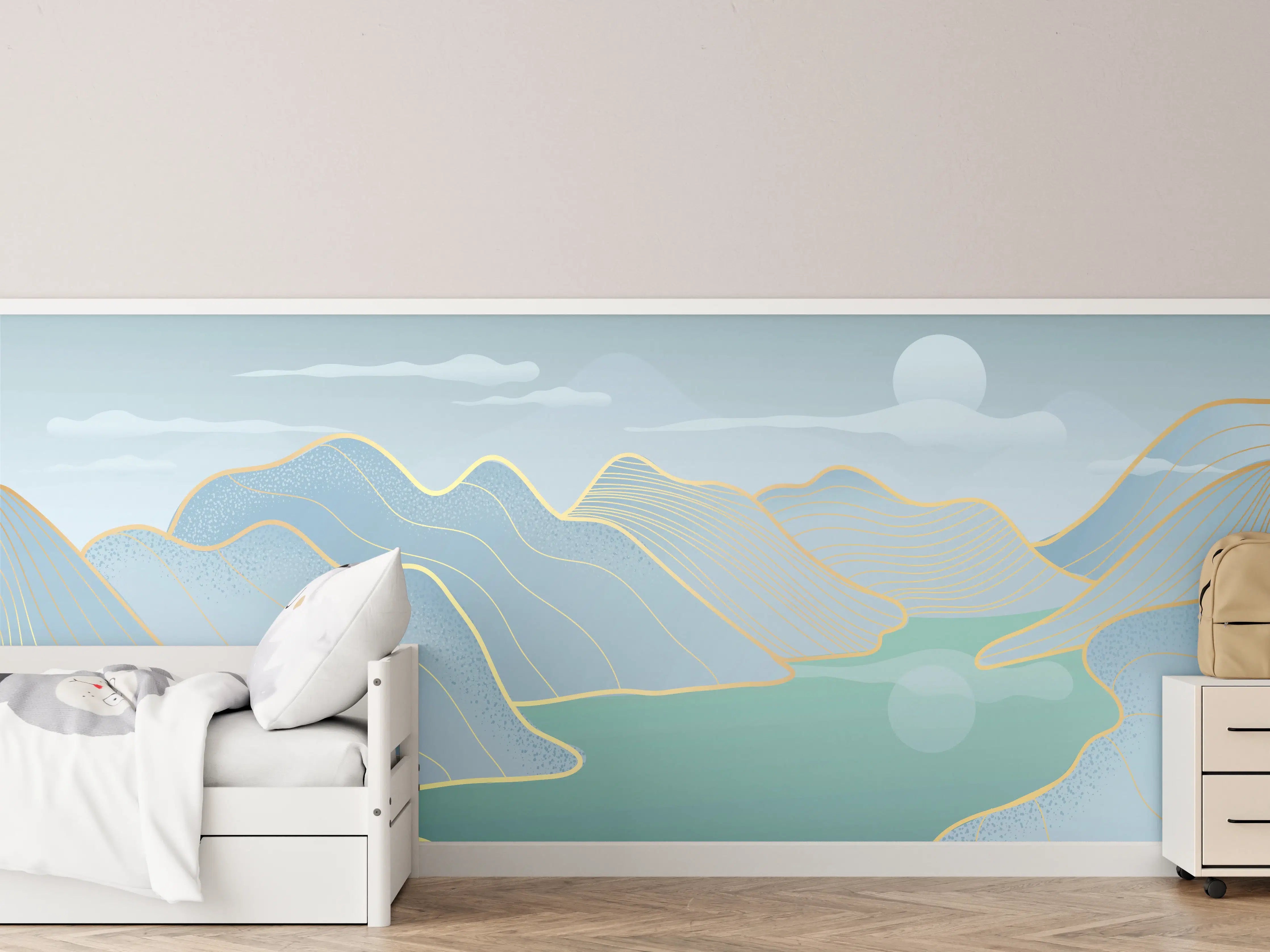 Kinderzimmer Wandgestaltung - Pastell Berge und See Panorama