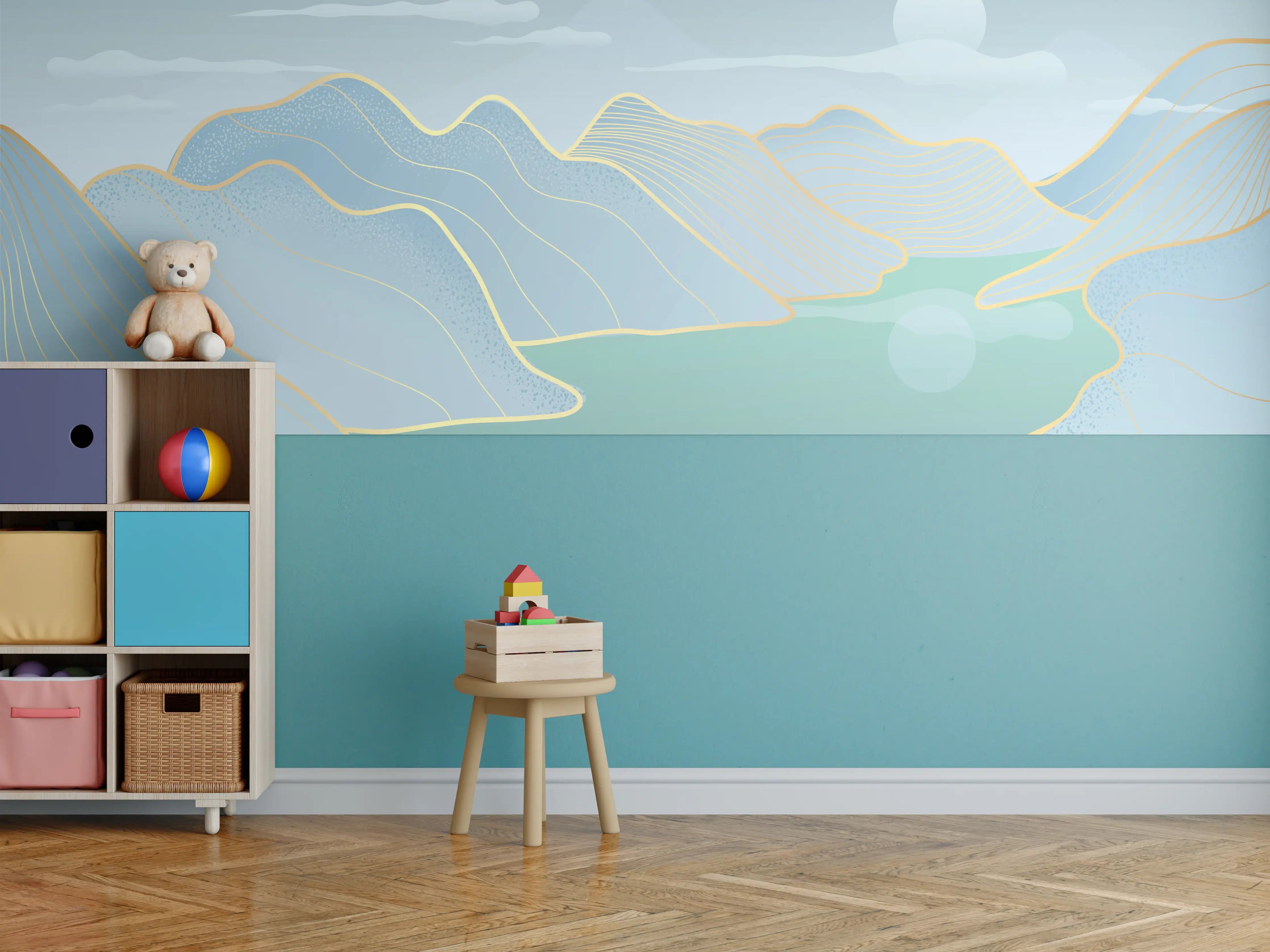 Kinderzimmer Wandgestaltung - Pastell Berge und See Panorama