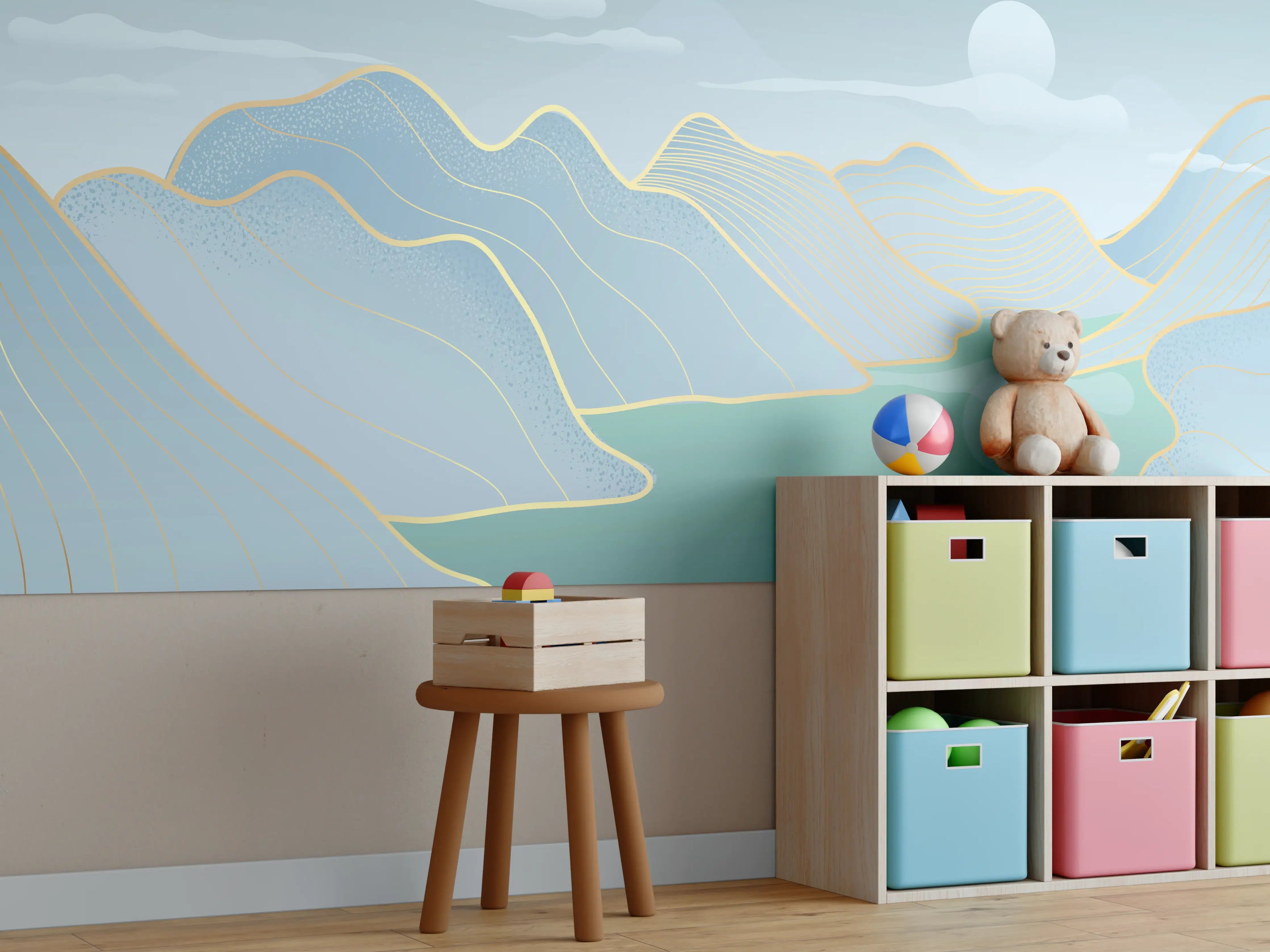 Kinderzimmer Wandgestaltung - Pastell Berge und See Panorama