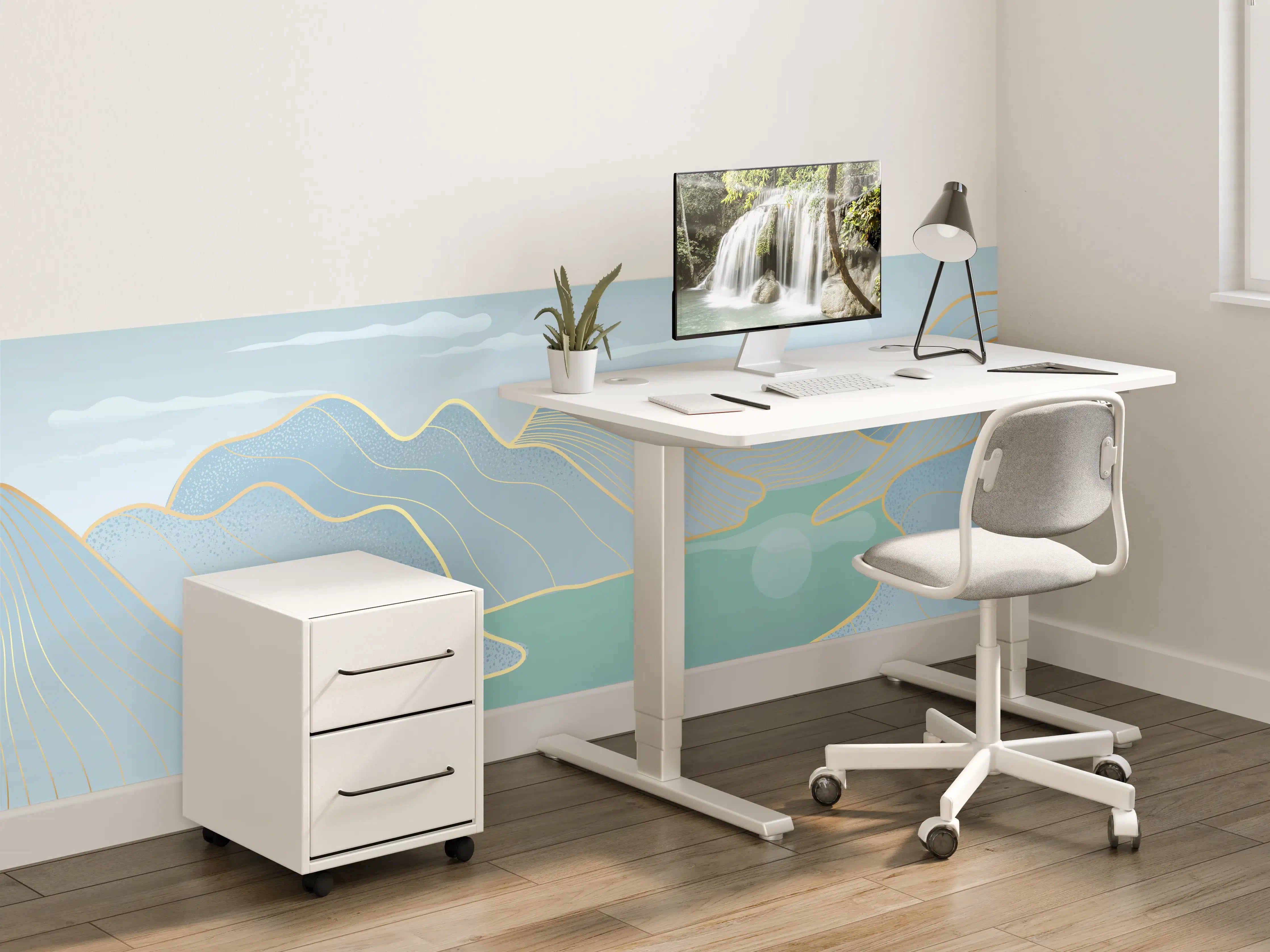 Kinderzimmer Wandgestaltung - Pastell Berge und See Panorama