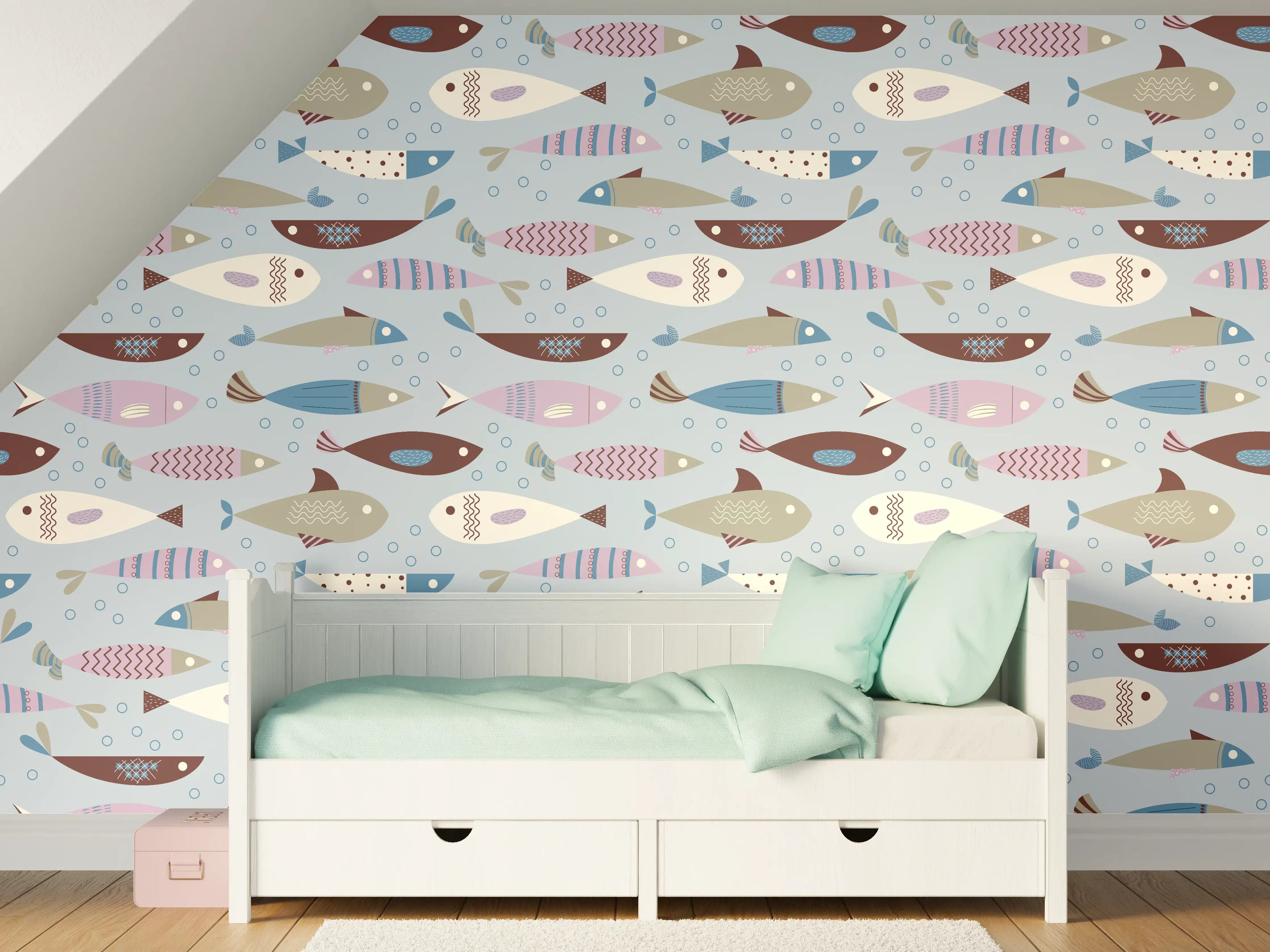 Kinderzimmer Wandgestaltung - Pastell-Fischmuster Blau Beige