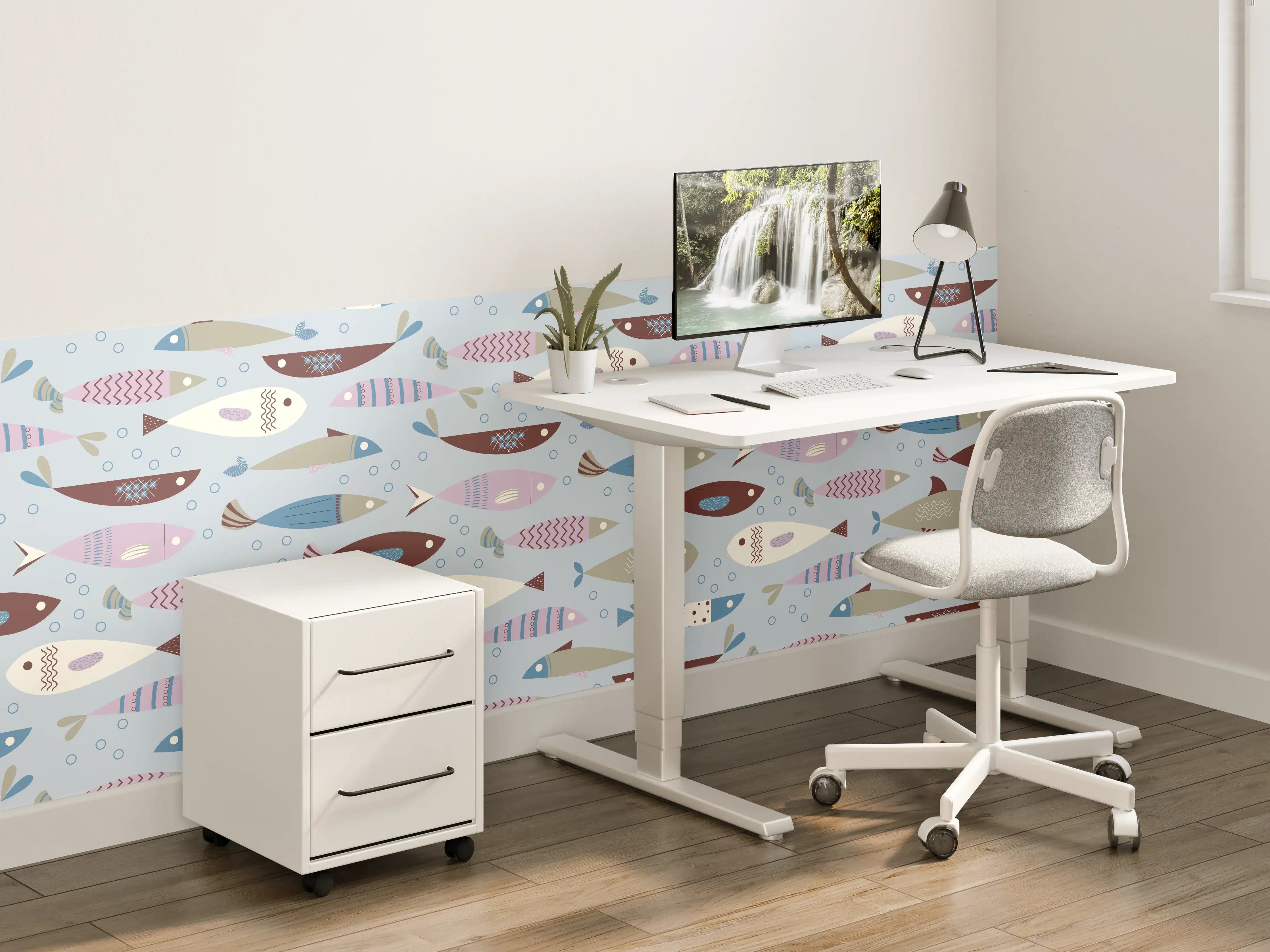 Kinderzimmer Wandgestaltung - Pastell-Fischmuster Blau Beige