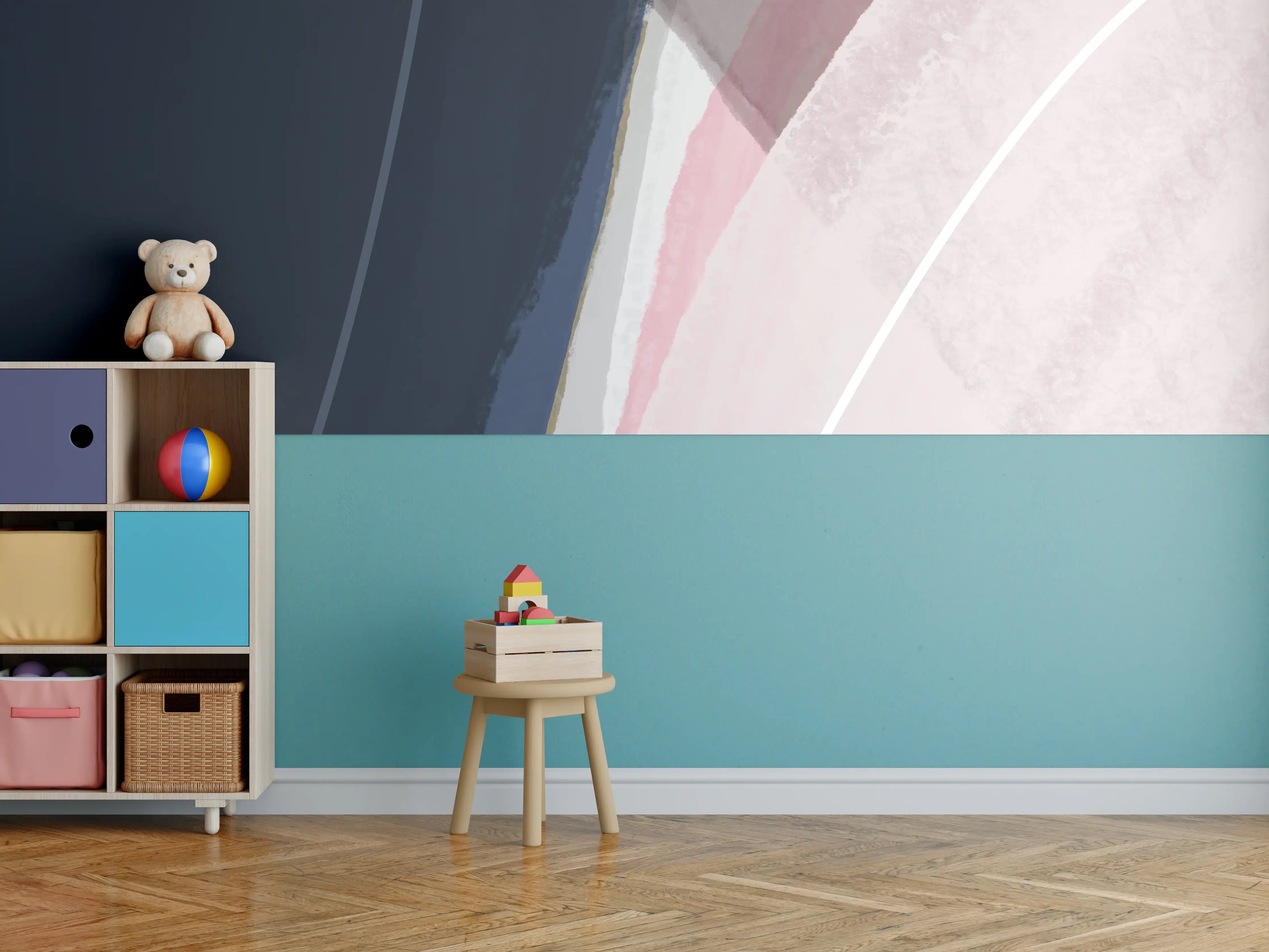 Kinderzimmer Wandgestaltung - Pastell Grau Blau Abstraktion