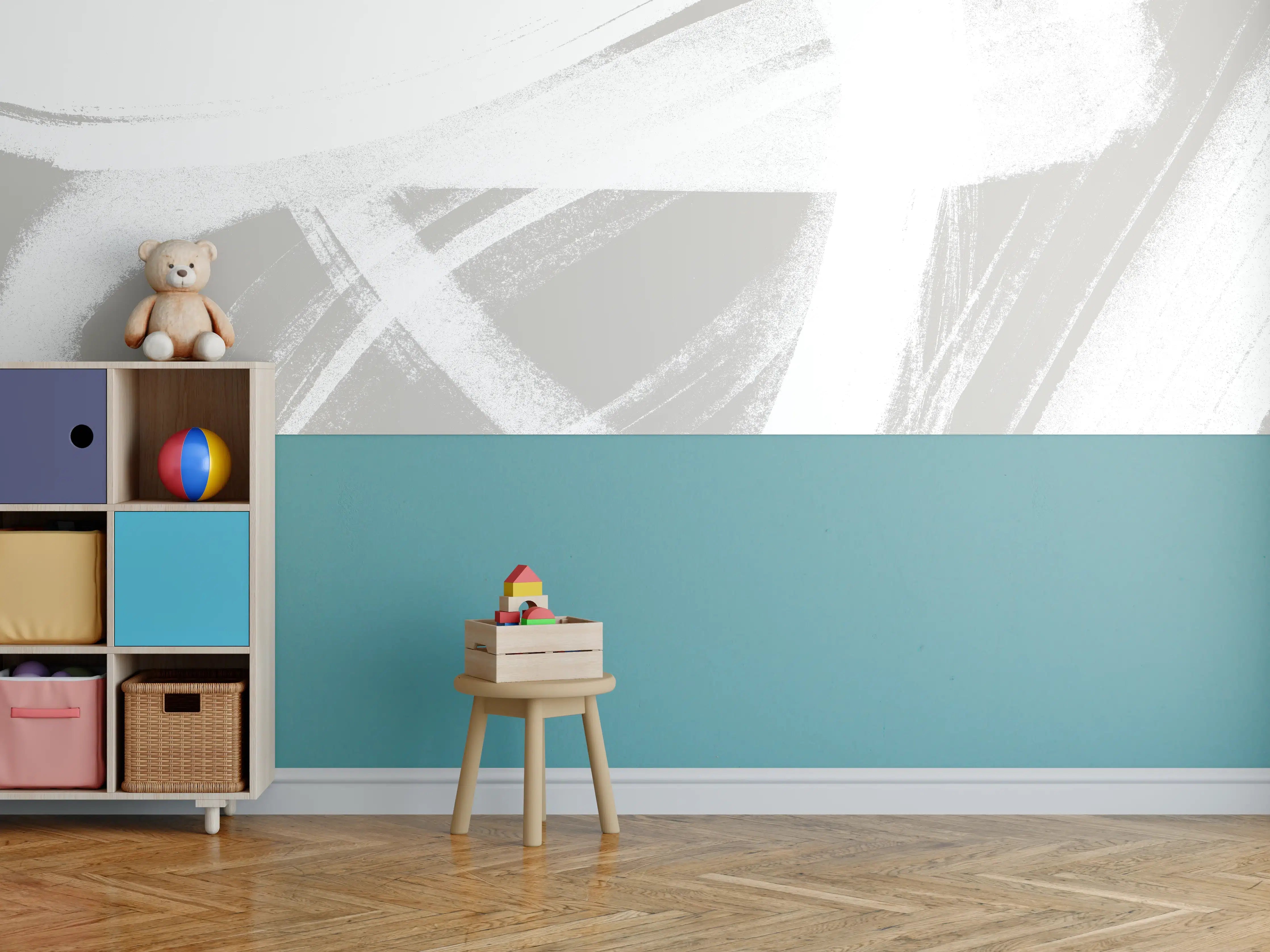 Kinderzimmer Wandgestaltung - Pastell Grau-Weiße Abstraktion