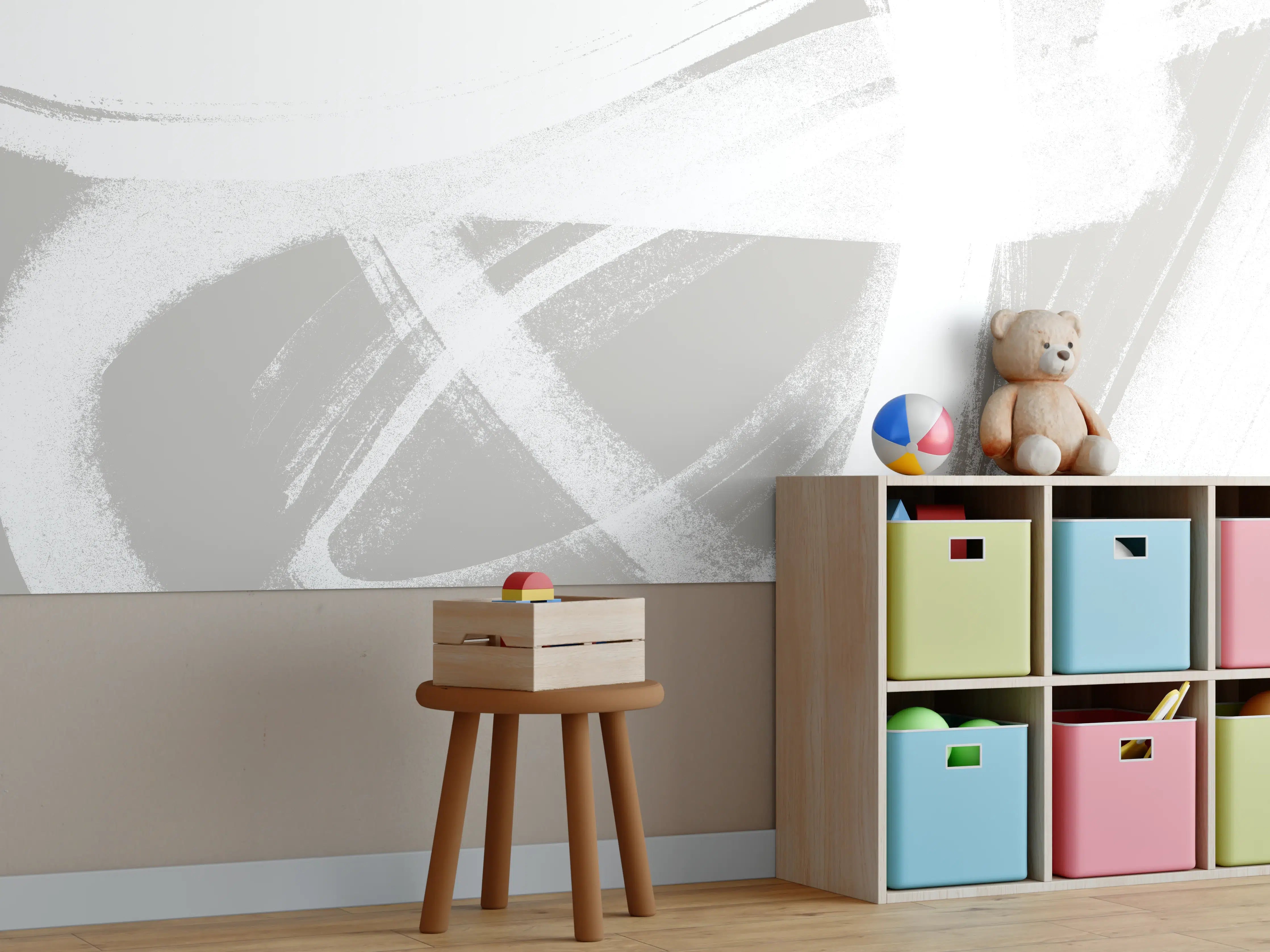 Kinderzimmer Wandgestaltung - Pastell Grau-Weiße Abstraktion