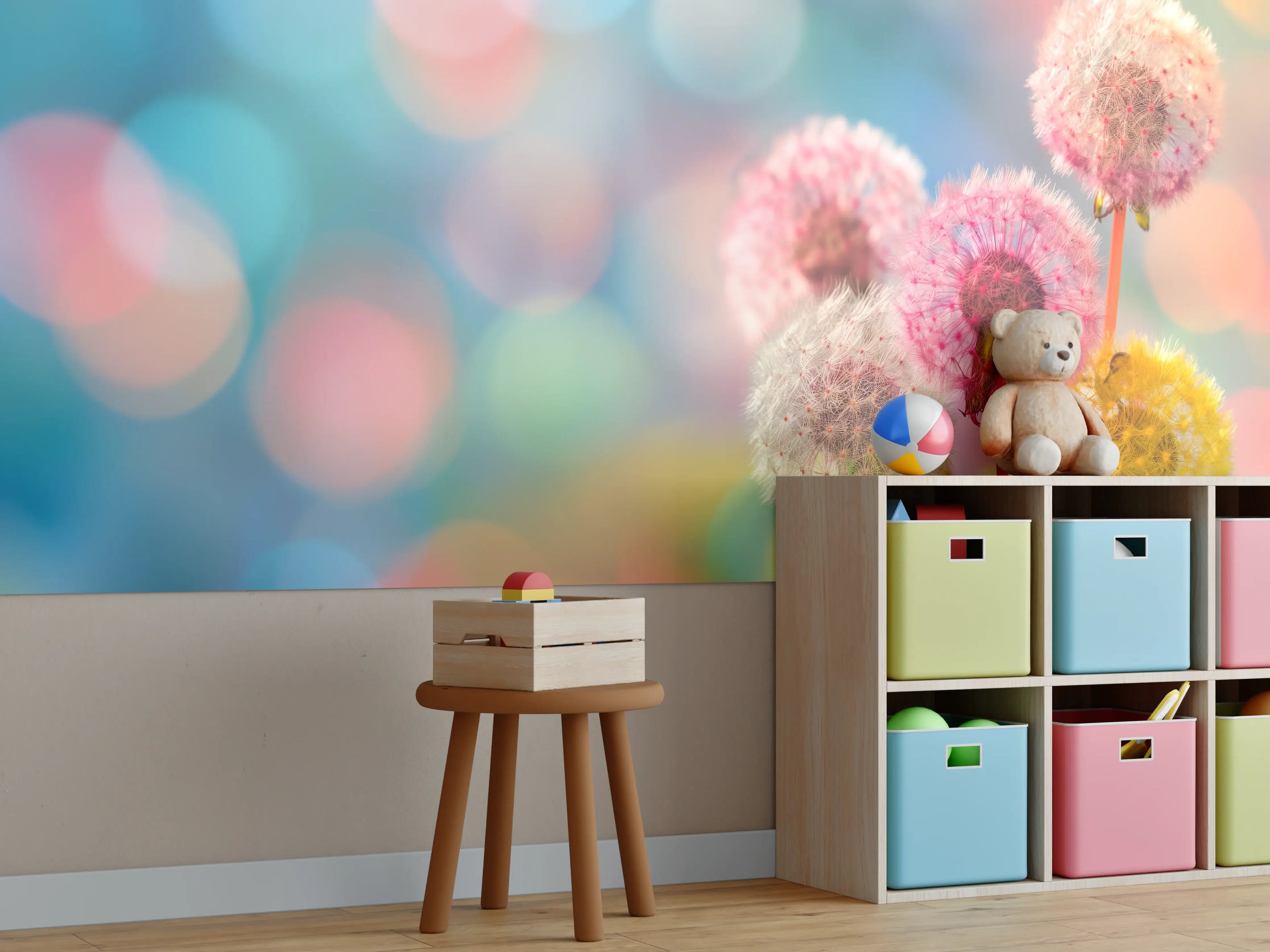 Kinderzimmer Wandgestaltung - Pastell-Pusteblumen im Bokeh