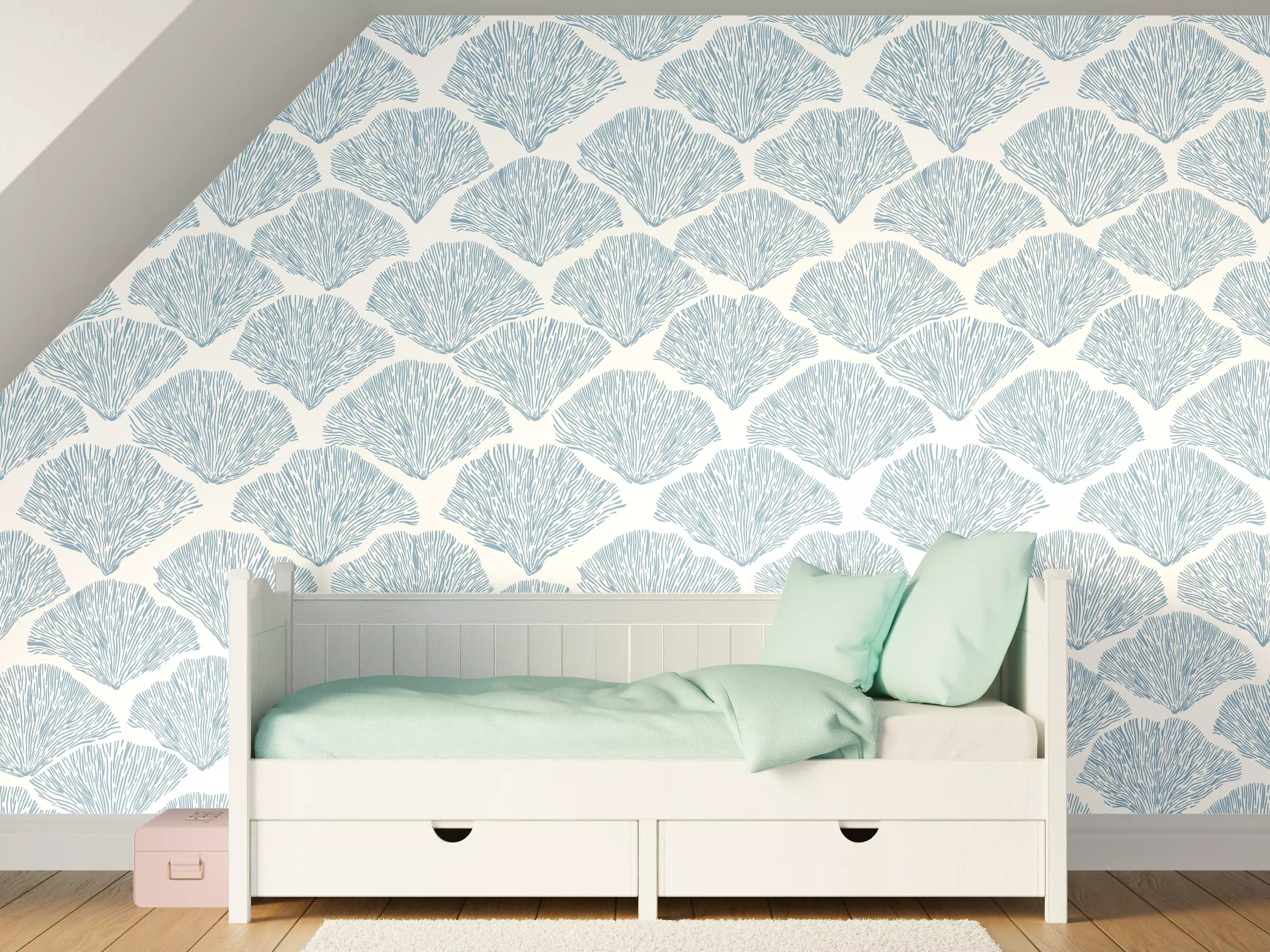 Kinderzimmer Wandgestaltung - Pastellblaues Korallenfächer-Muster