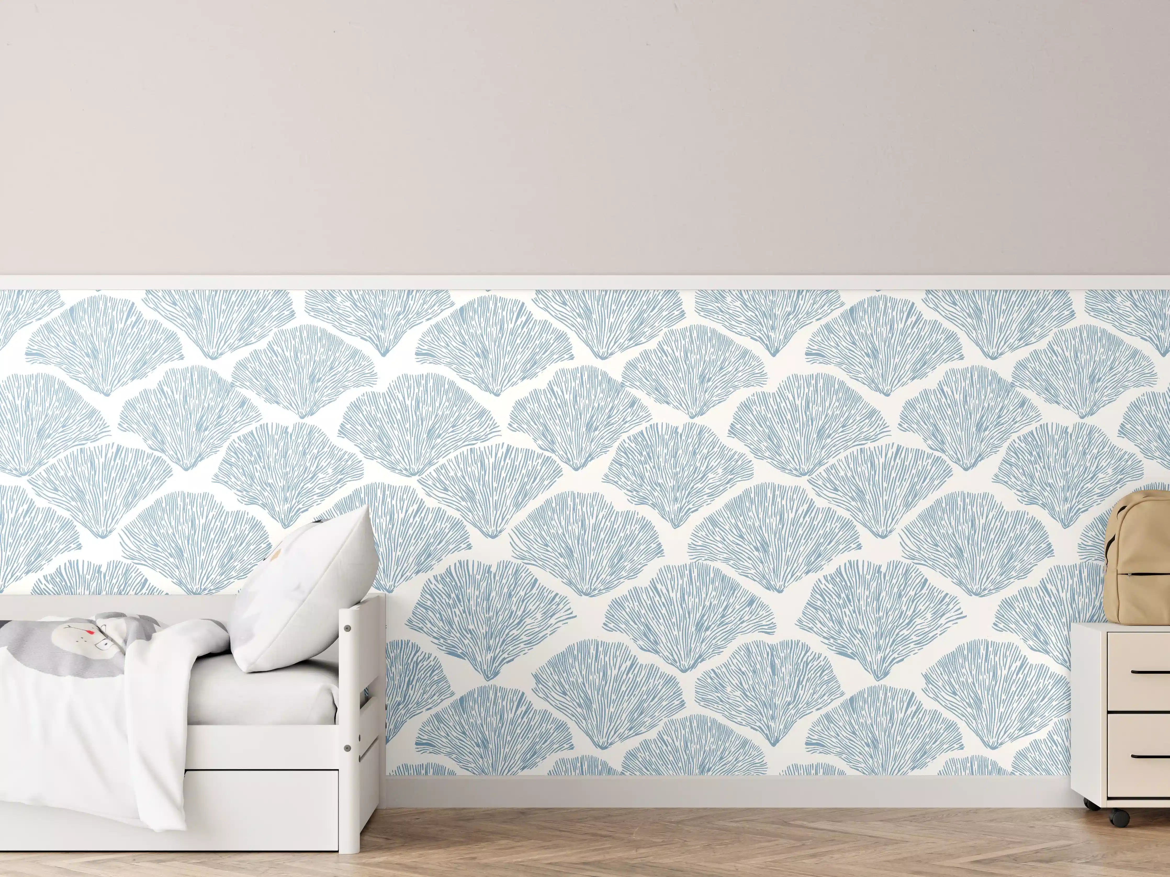 Kinderzimmer Wandgestaltung - Pastellblaues Korallenfächer-Muster