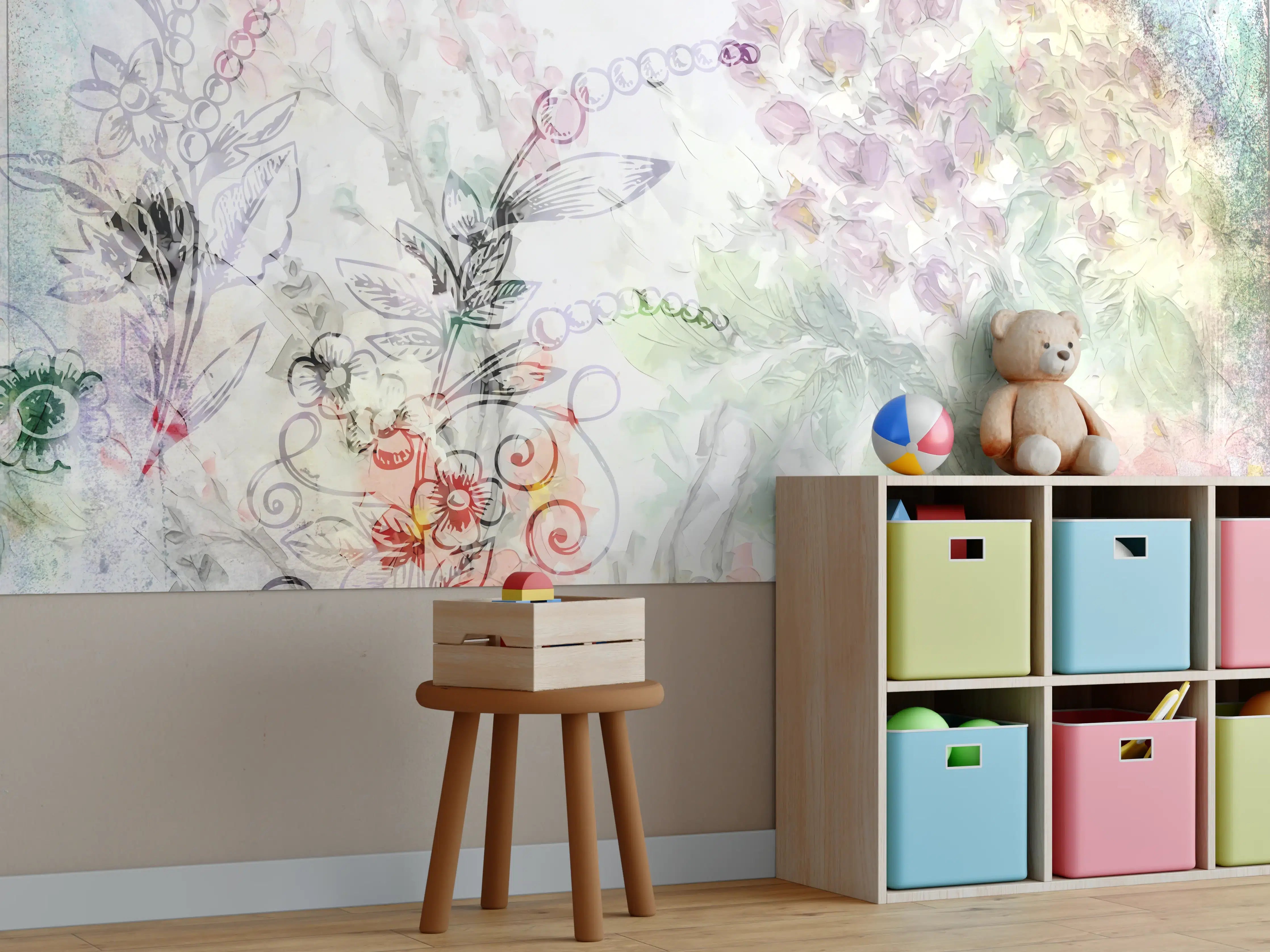 Kinderzimmer Wandgestaltung - Pastellfarbene Blumenillustration