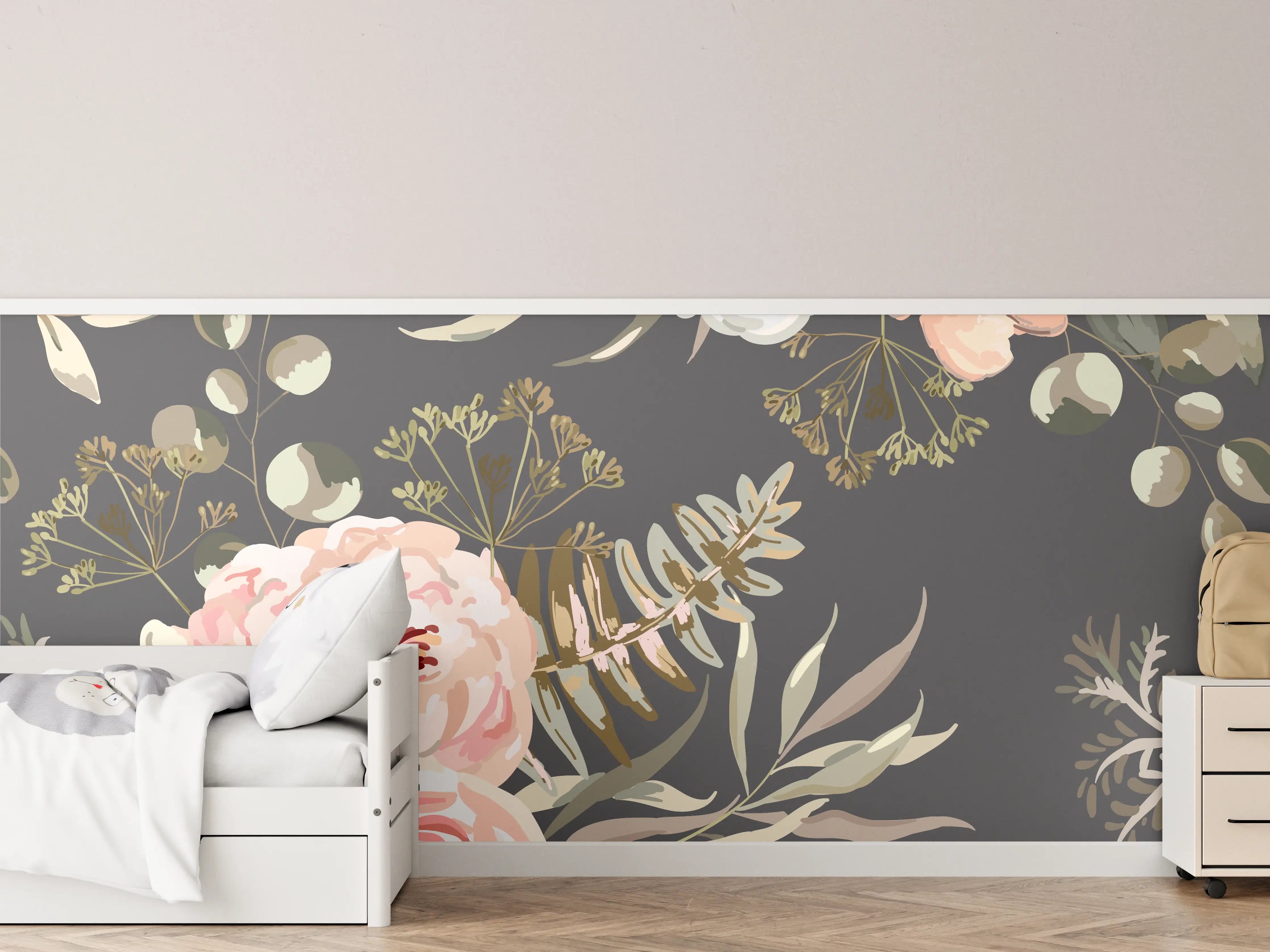 Kinderzimmer Wandgestaltung - Pastellfarbene Blumenillustration mit zarten Grautönen