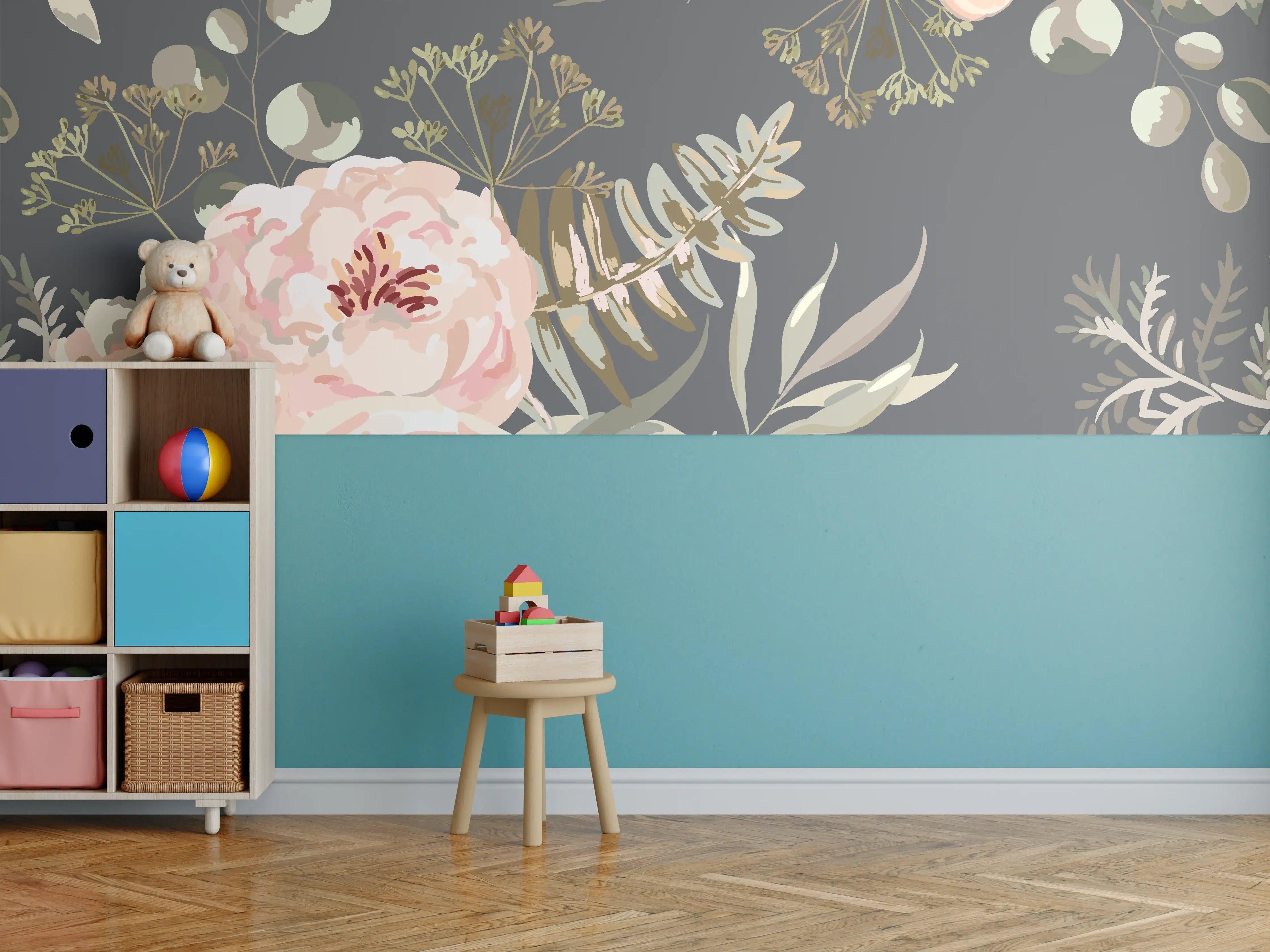 Kinderzimmer Wandgestaltung - Pastellfarbene Blumenillustration mit zarten Grautönen