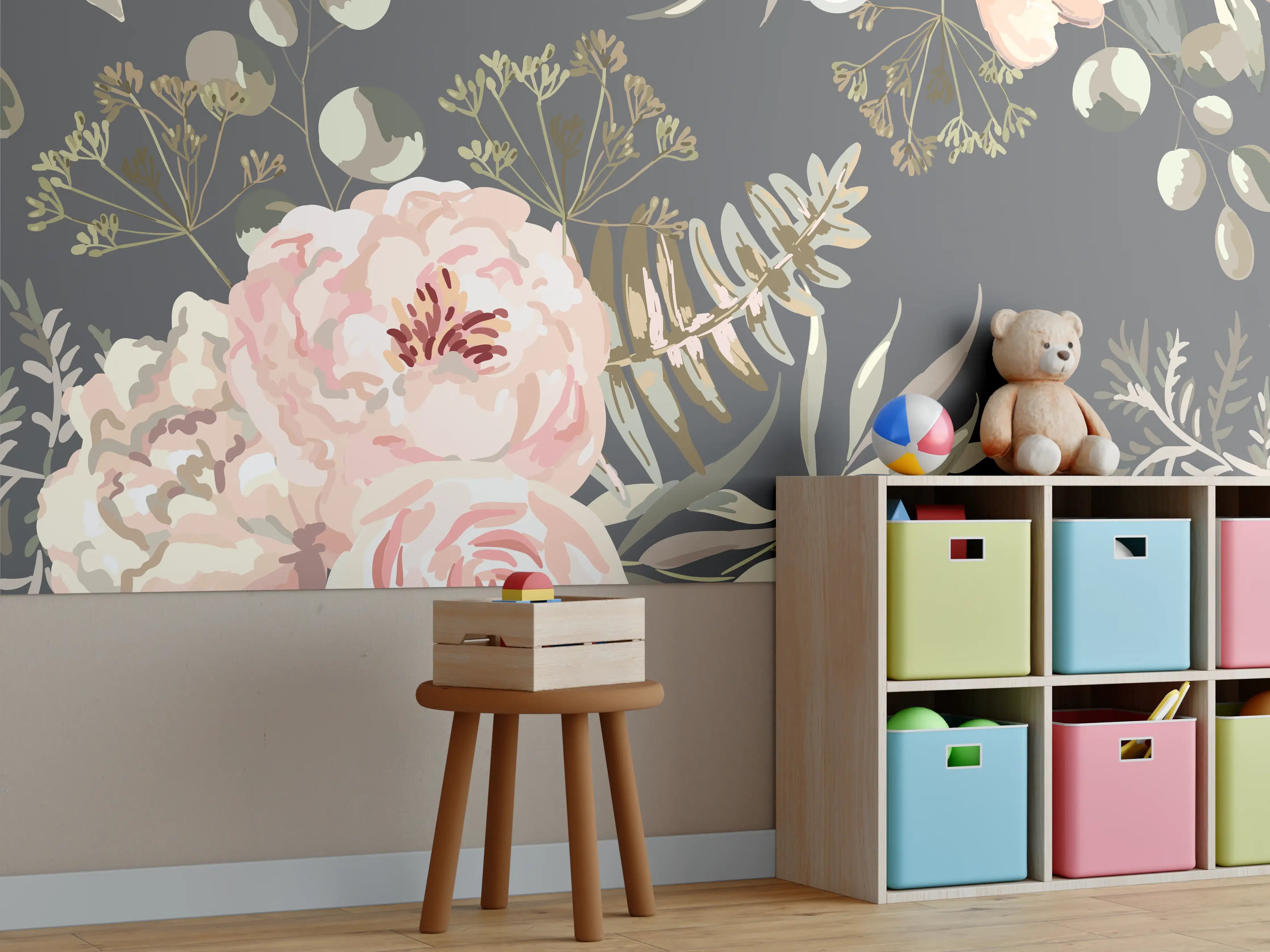 Kinderzimmer Wandgestaltung - Pastellfarbene Blumenillustration mit zarten Grautönen