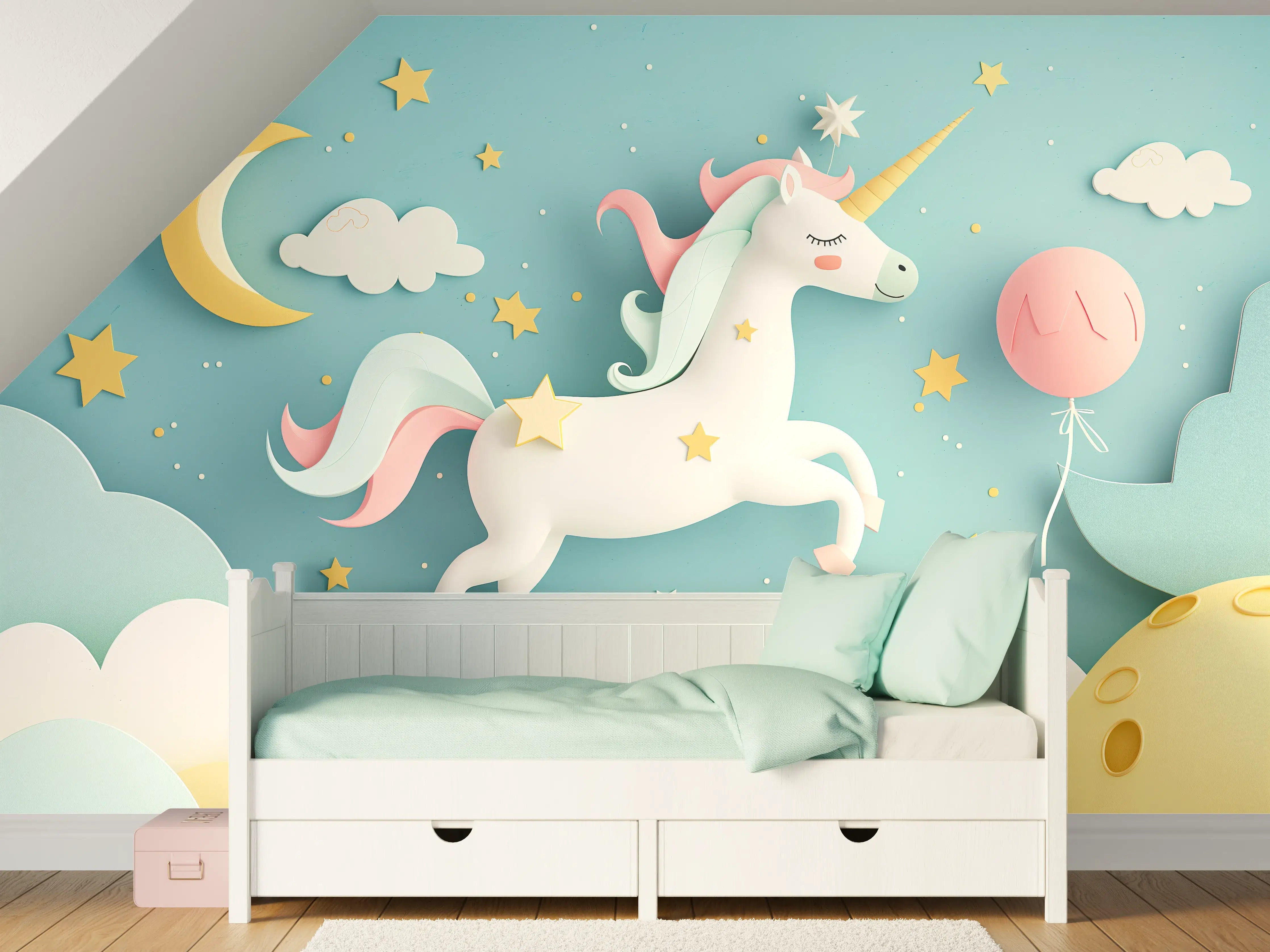 Kinderzimmer Wandgestaltung - Pastellfarbenes Einhorn im Himmel mit Sternen & Mond