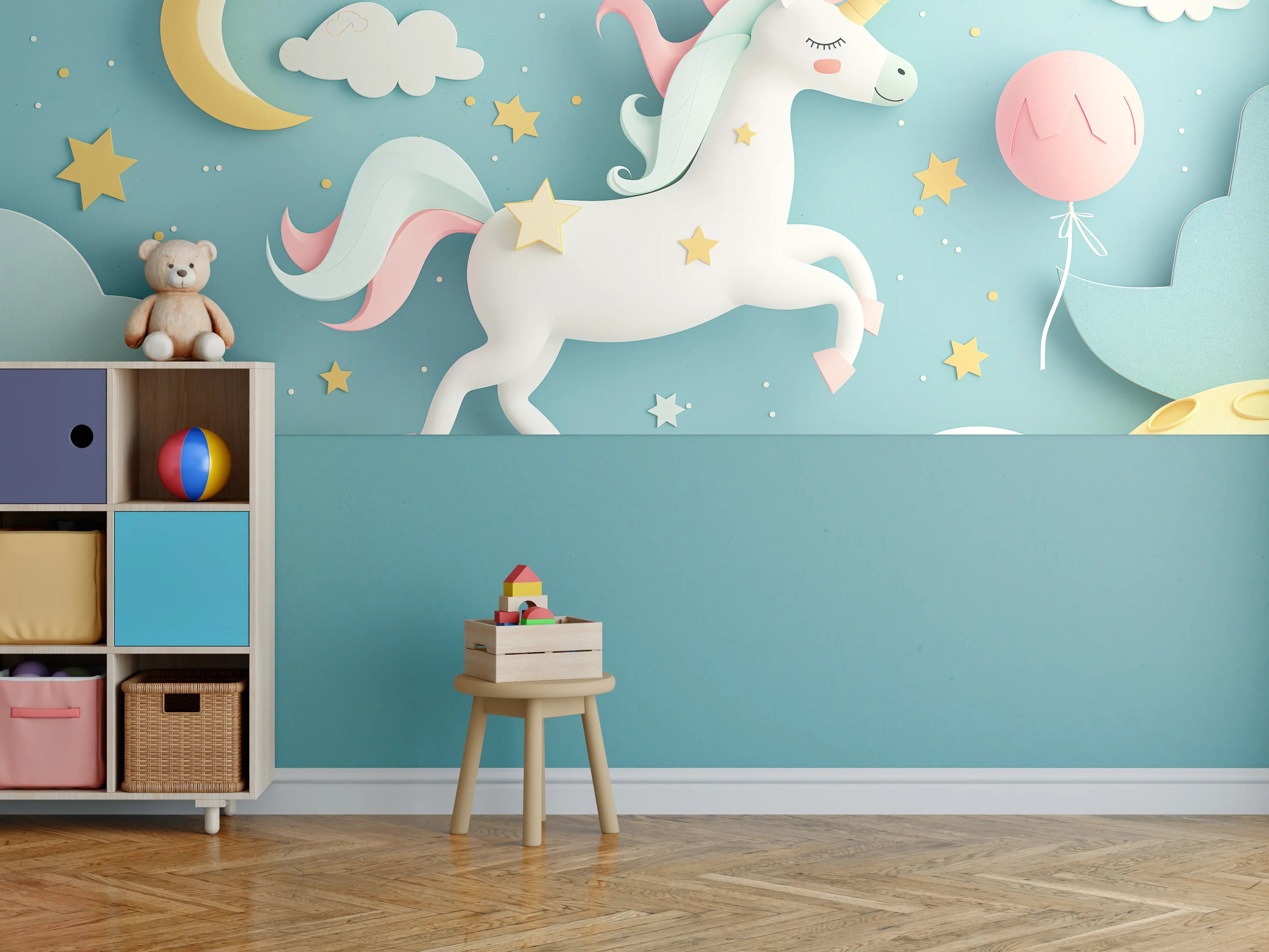 Kinderzimmer Wandgestaltung - Pastellfarbenes Einhorn im Himmel mit Sternen & Mond