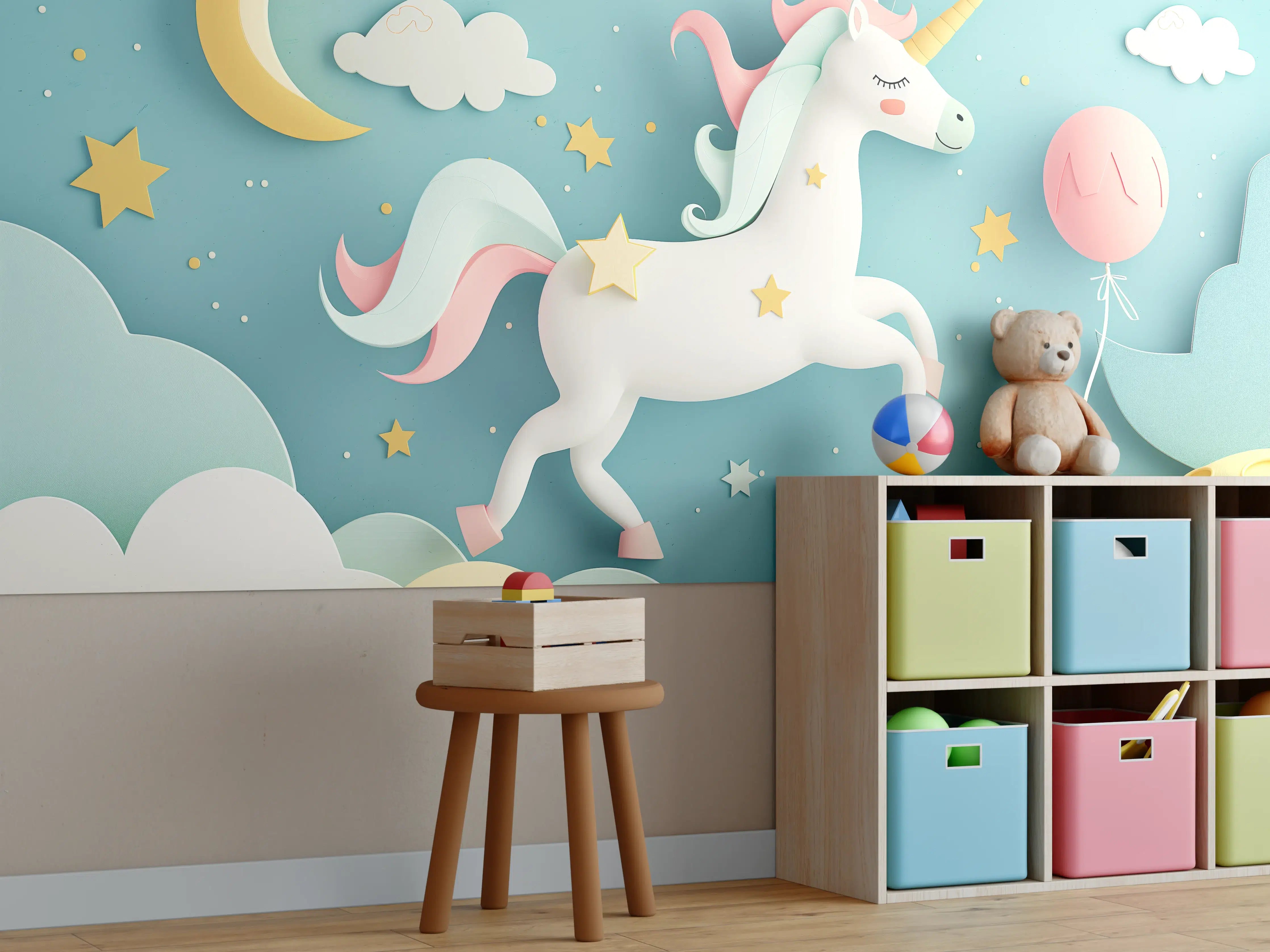 Kinderzimmer Wandgestaltung - Pastellfarbenes Einhorn im Himmel mit Sternen & Mond