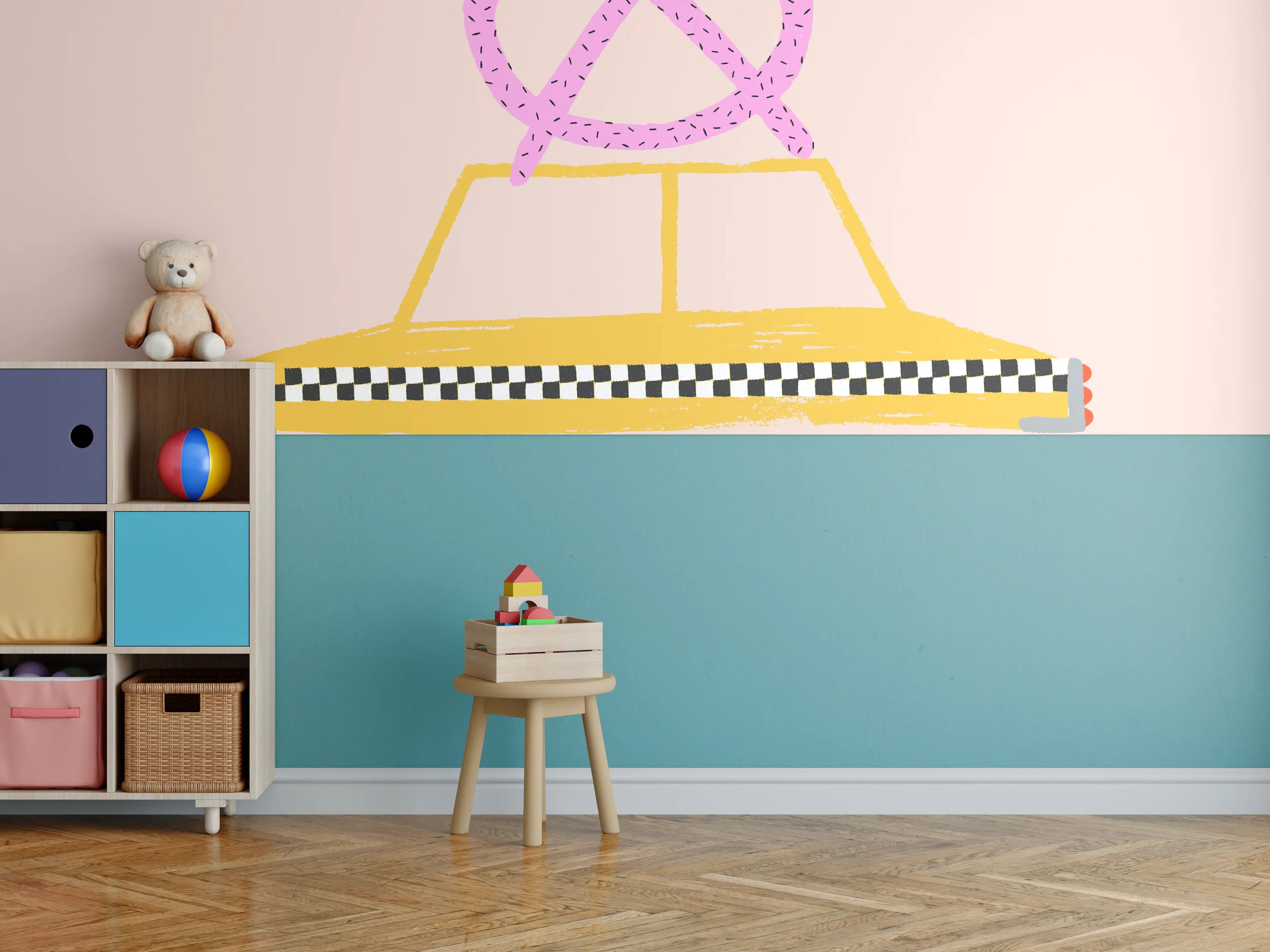 Kinderzimmer Wandgestaltung - Pastellfarbenes NYC Taxi-Design