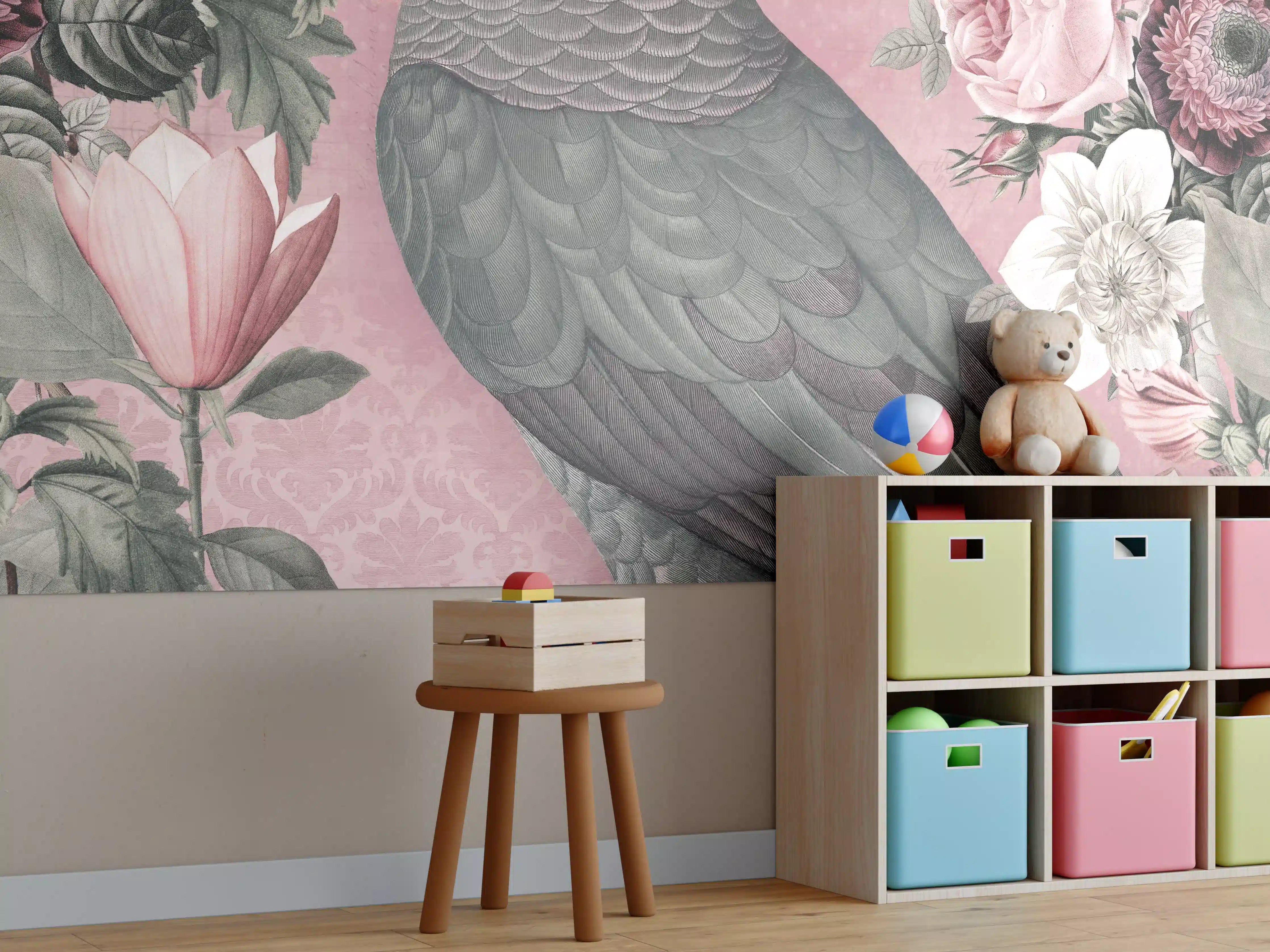 Kinderzimmer Wandgestaltung - Pastellrosa Papagei Flora