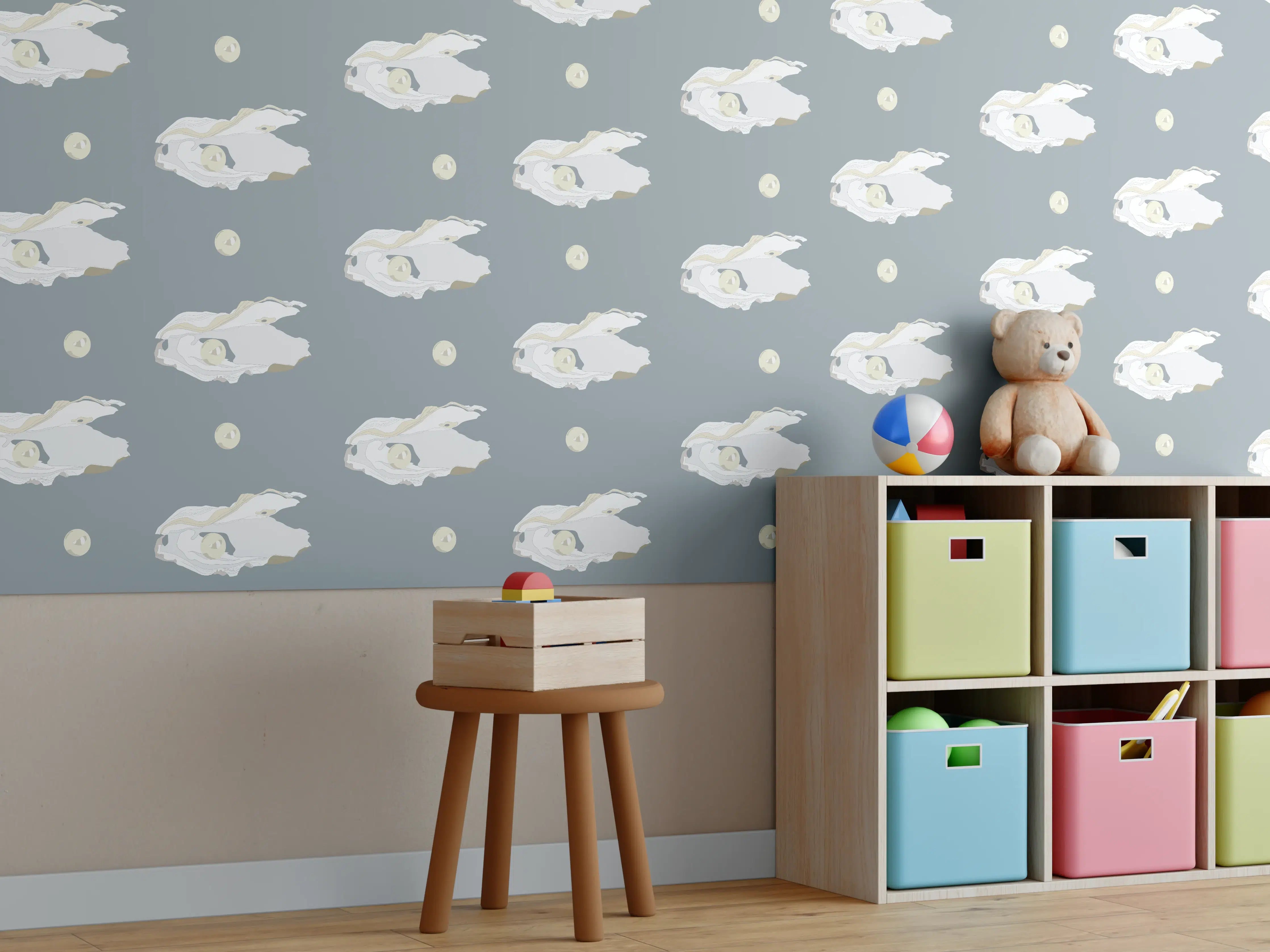 Kinderzimmer Wandgestaltung - Perlen-Muschelmuster Grau