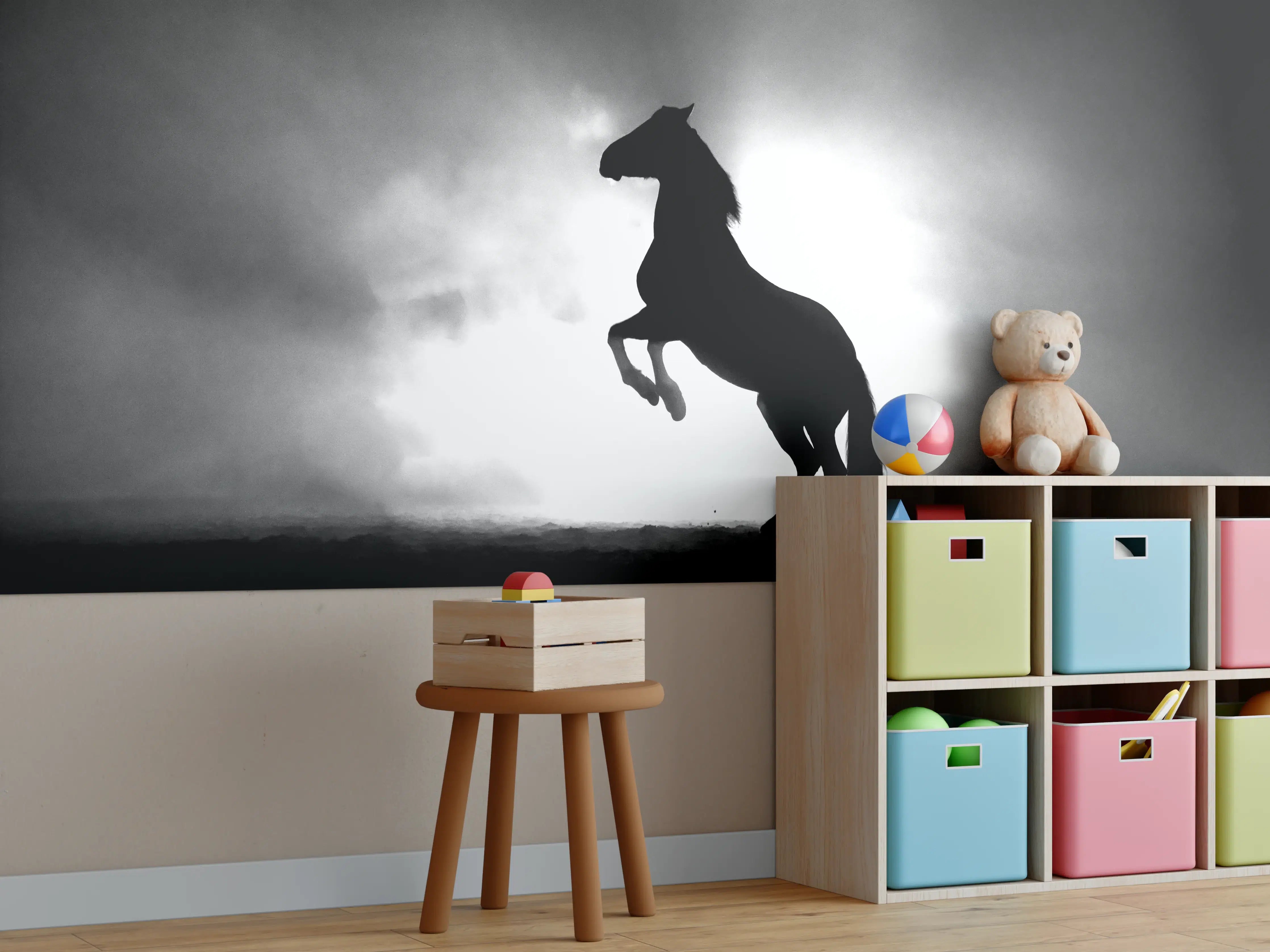 Kinderzimmer Wandgestaltung - Pferd-Aufzucht in Schwarz-Weiß