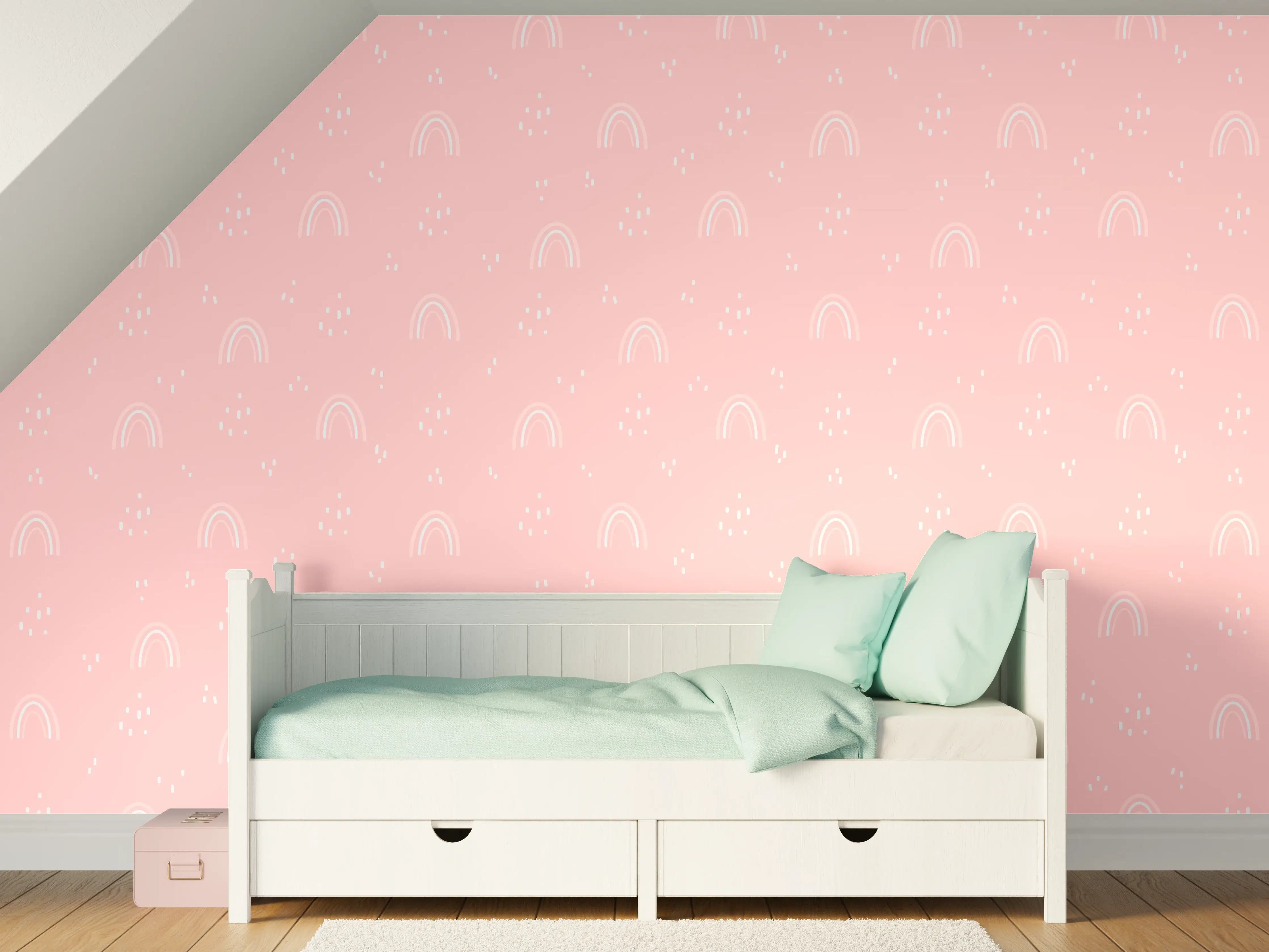 Kinderzimmer Wandgestaltung - Pinker Hintergrund mit Regenbogen- und Sternenmuster