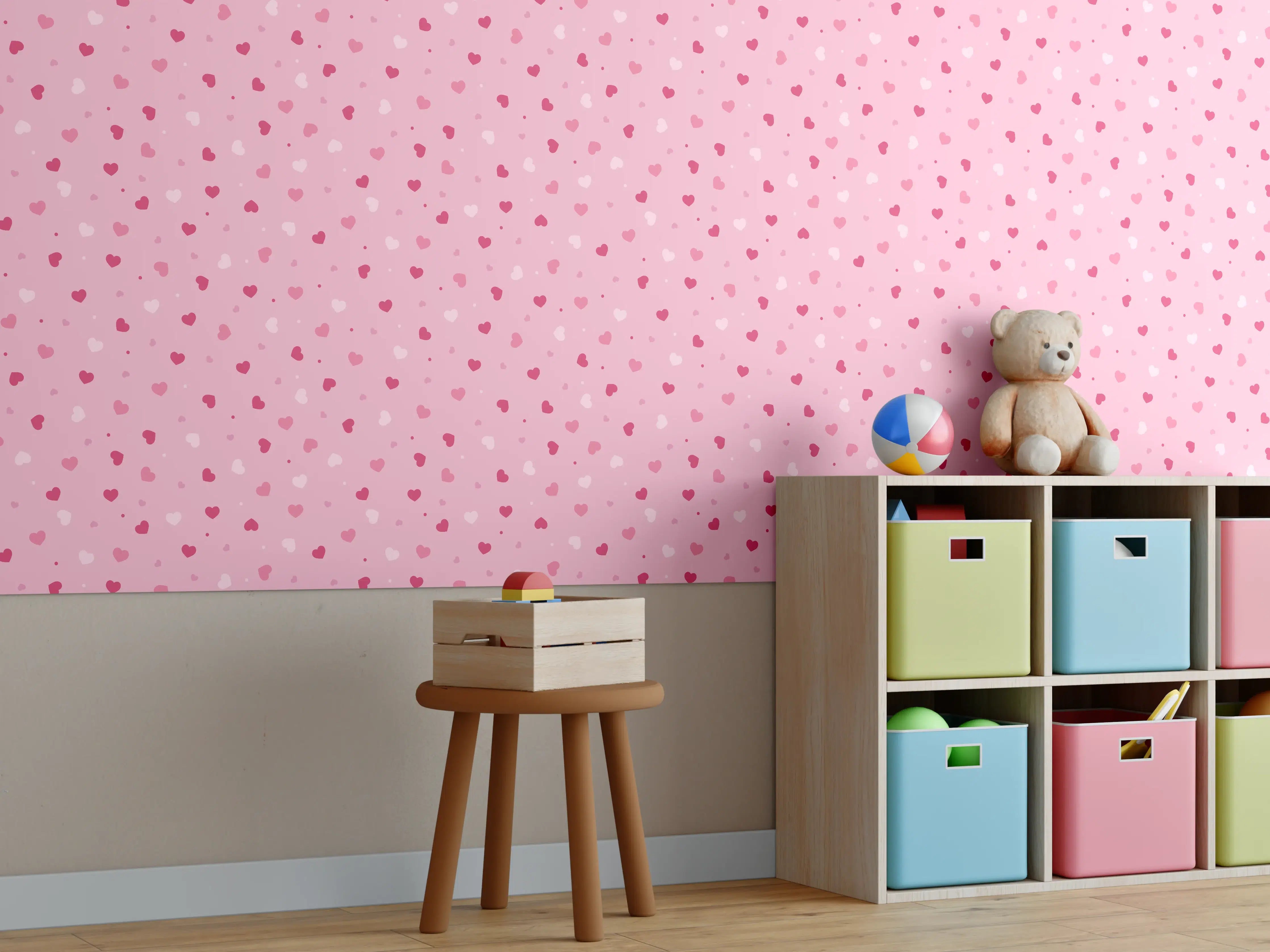 Kinderzimmer Wandgestaltung - Pinkes Herzen-Design auf Blumen-Hintergrund