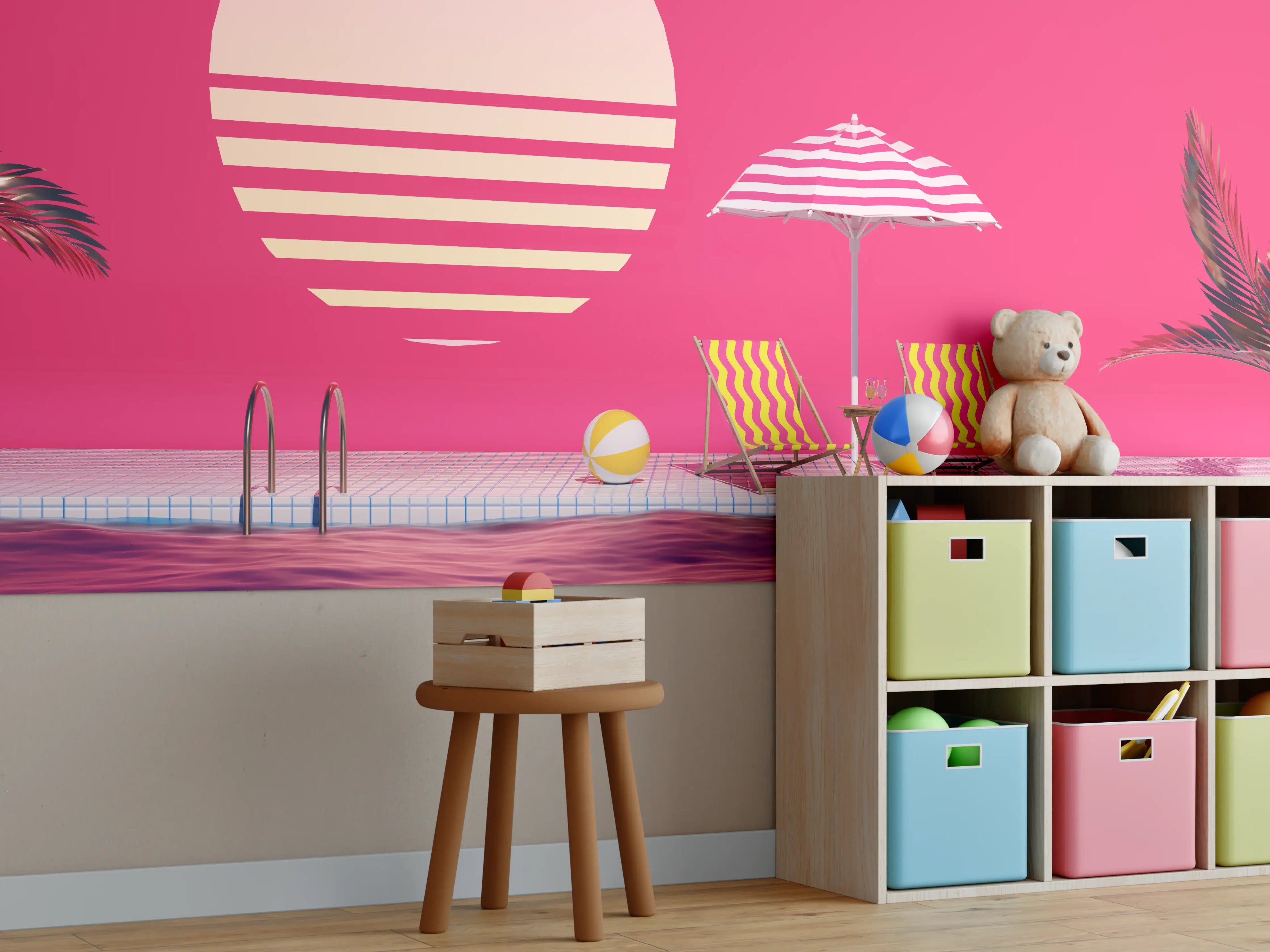 Kinderzimmer Wandgestaltung - Poolparty mit Tropendeko Rosa