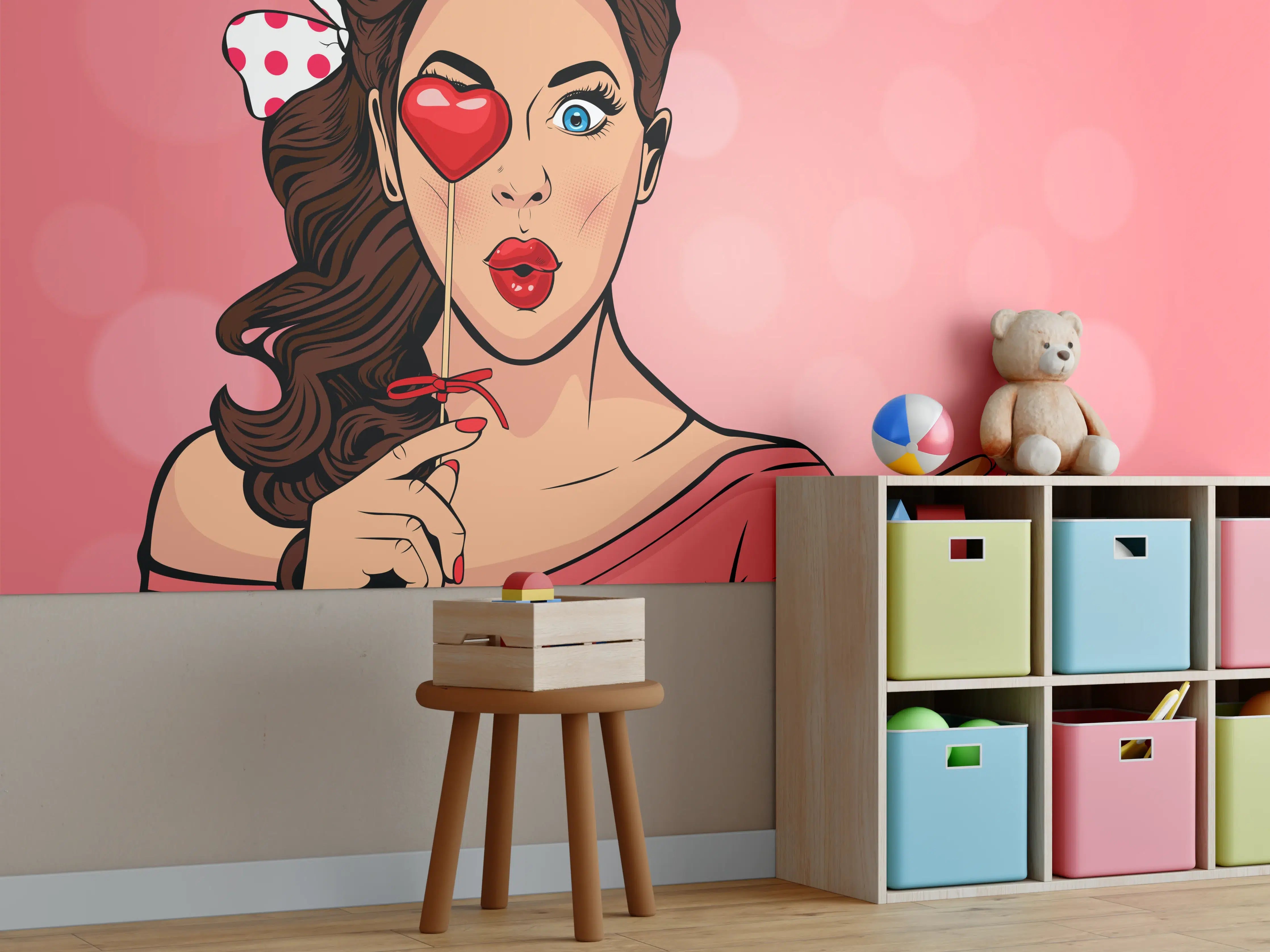 Kinderzimmer Wandgestaltung - Pop-Art-Lady-mit-Herz-Lolly