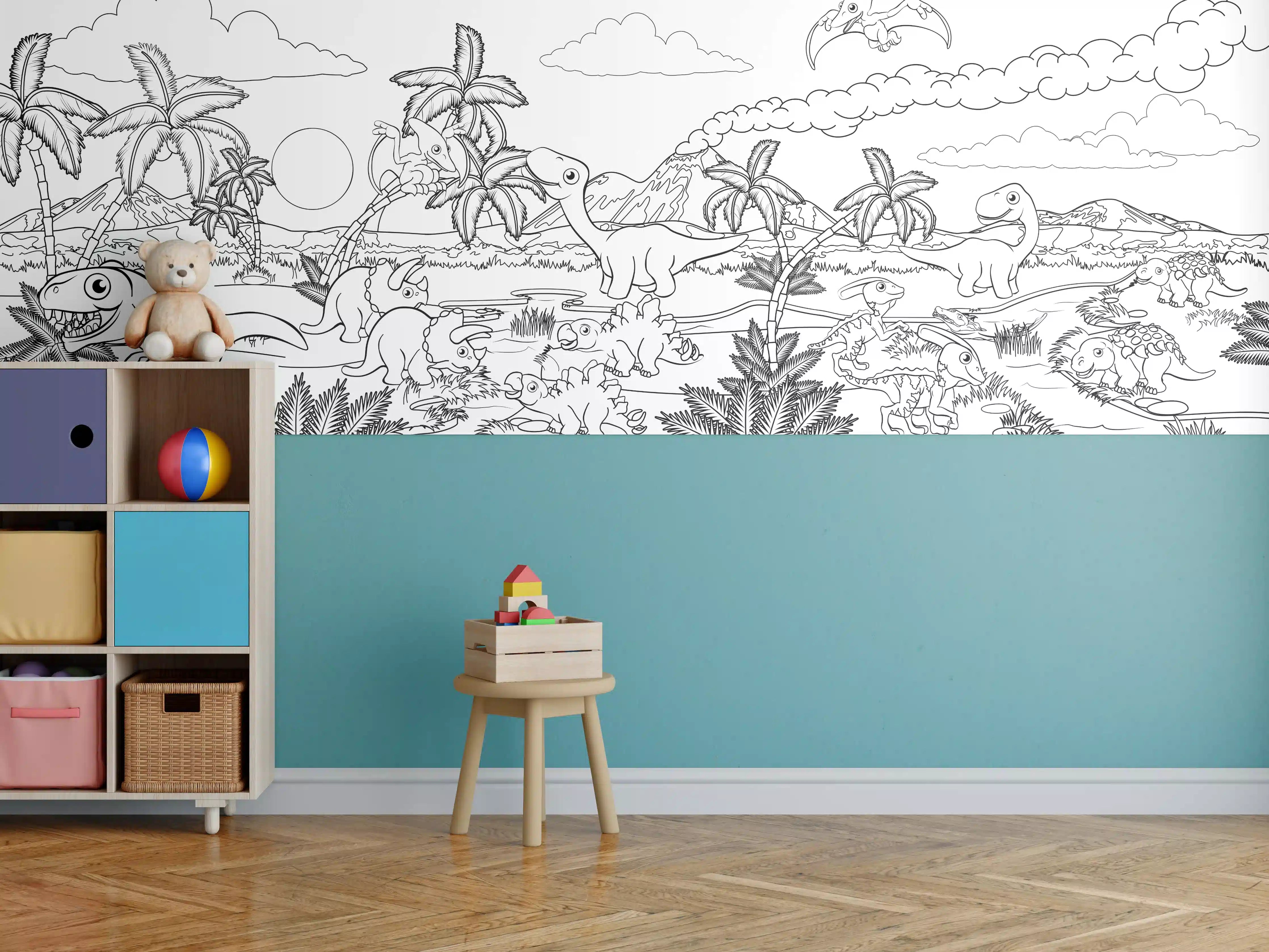 Kinderzimmer Wandgestaltung - Prächtige prähistorische Dinosaurier-Szene in Schwarz-Weiß