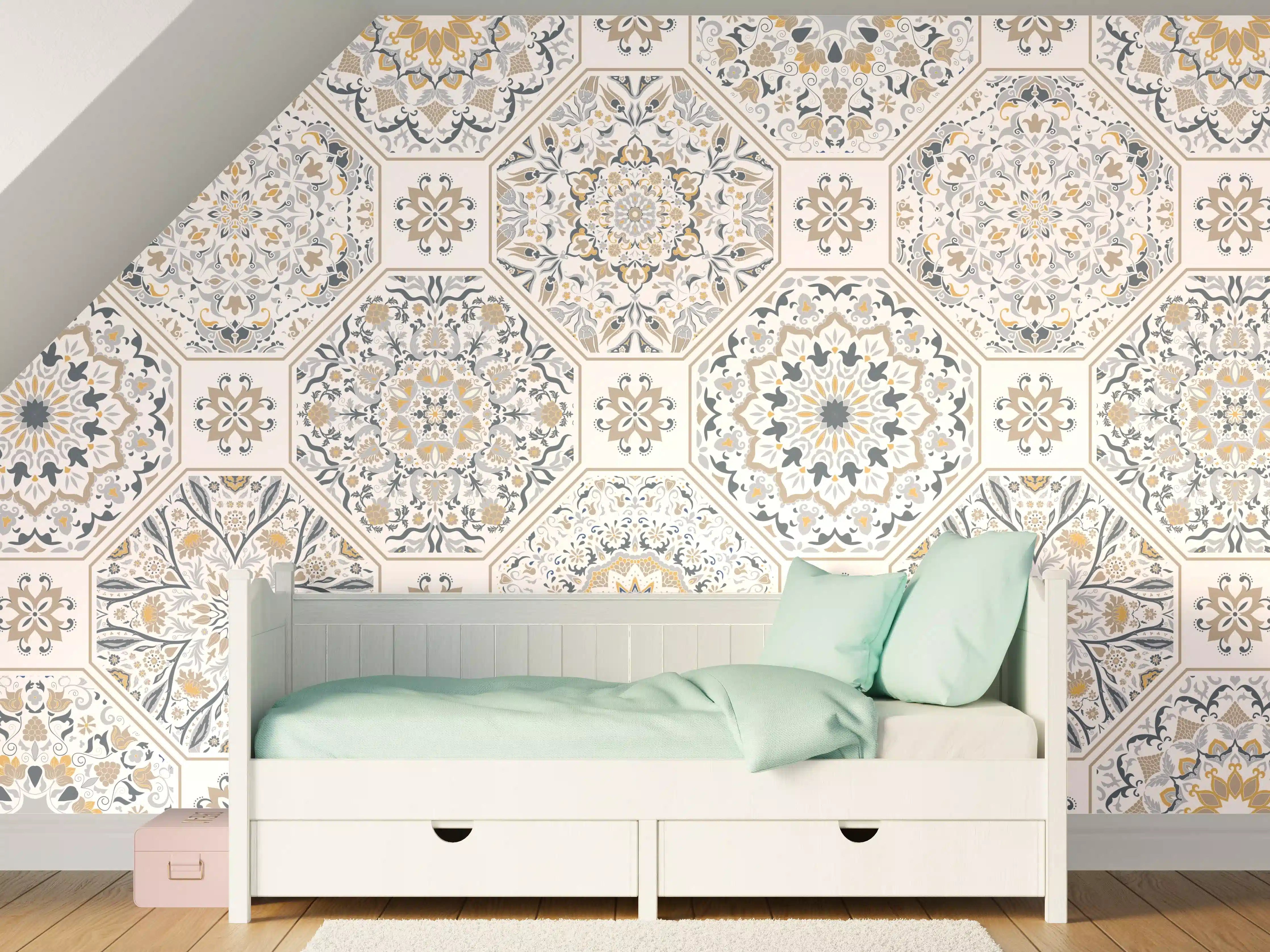 Kinderzimmer Wandgestaltung - Premium Weiß-Grau Ornament-Muster