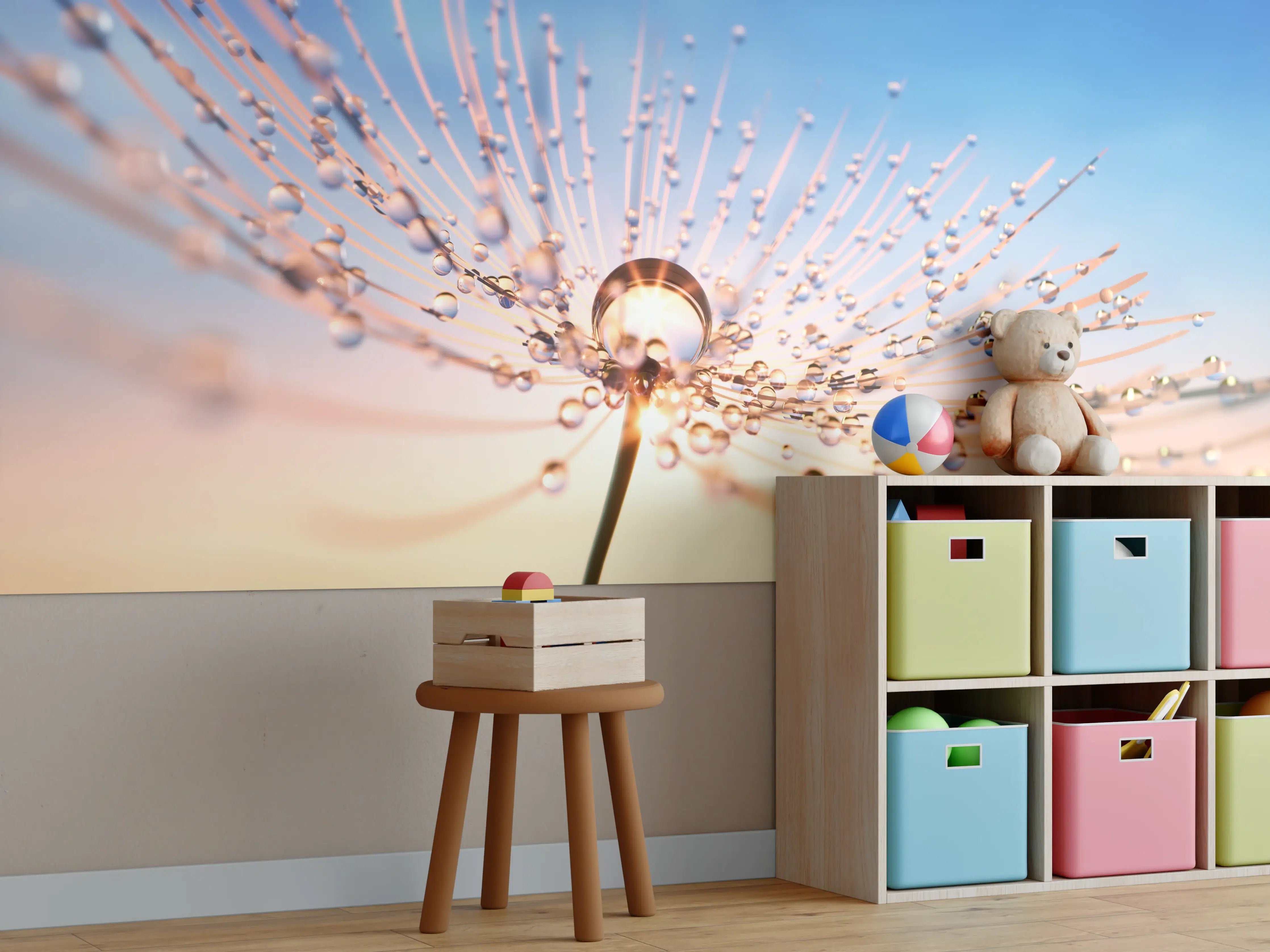 Kinderzimmer Wandgestaltung - Pusteblume in Nahaufnahme mit Tautropfen