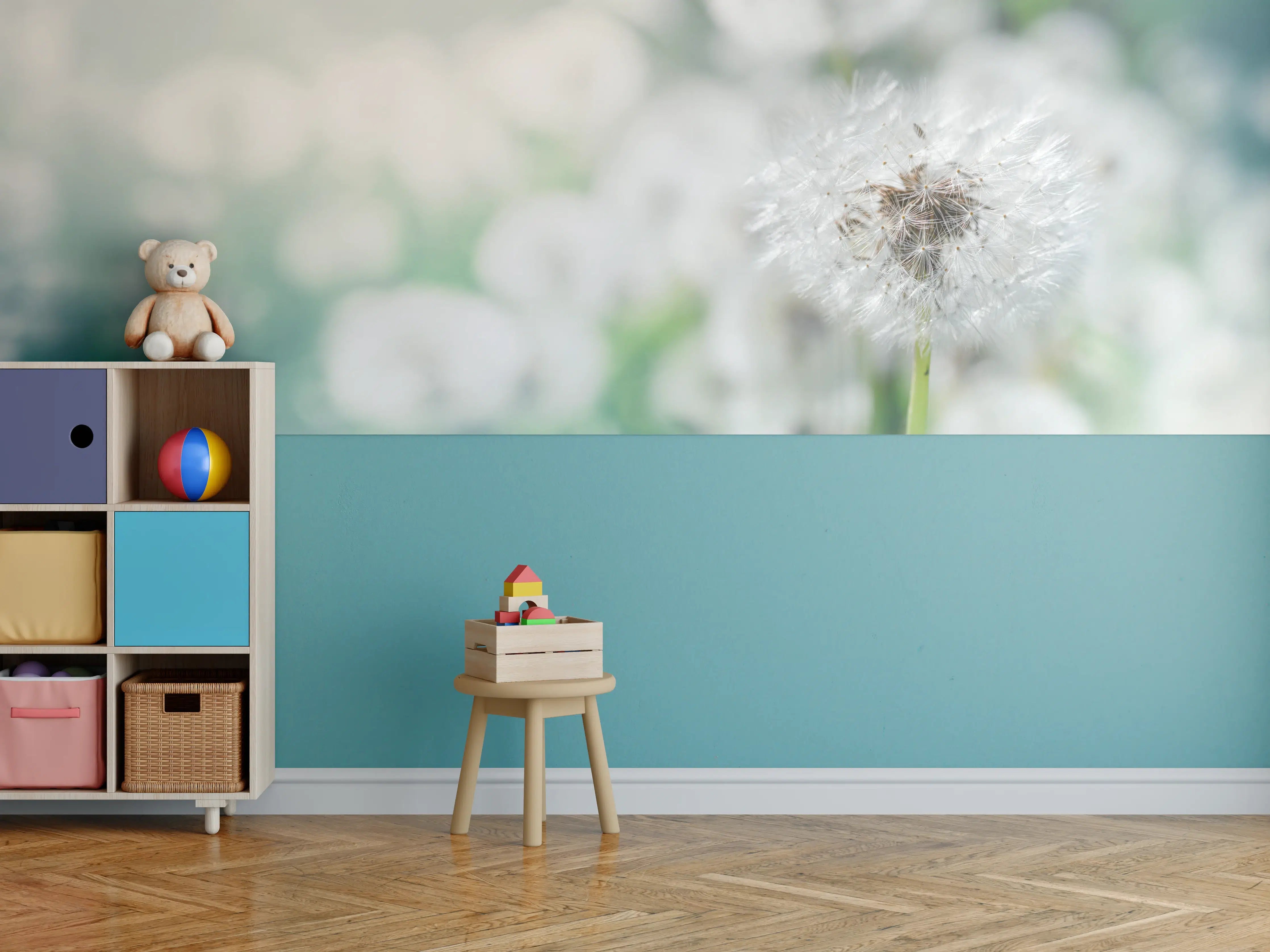 Kinderzimmer Wandgestaltung - Pusteblume in Türkis-Weiß