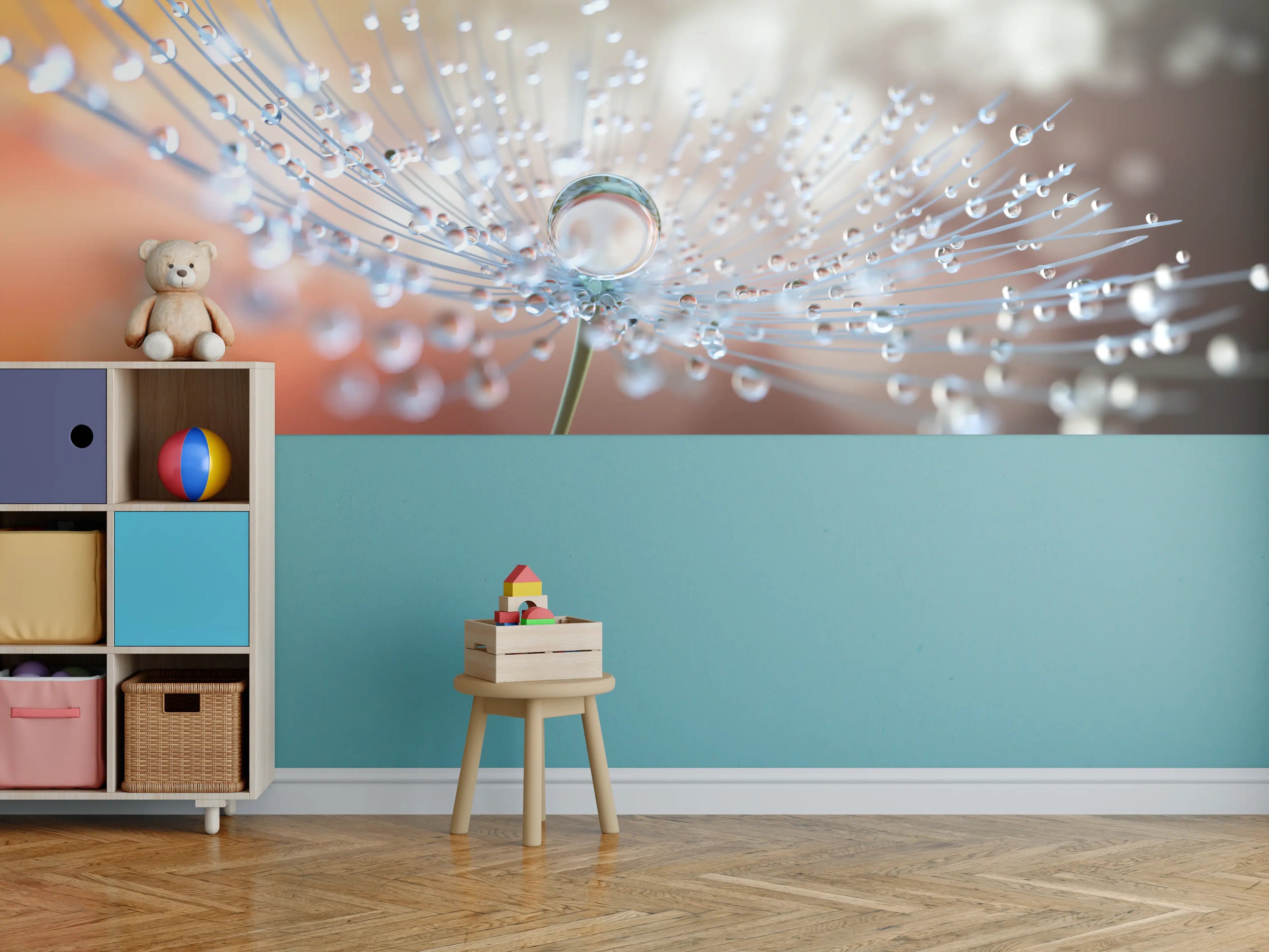 Kinderzimmer Wandgestaltung - Pusteblume mit Tautropfen bei Abendlicht