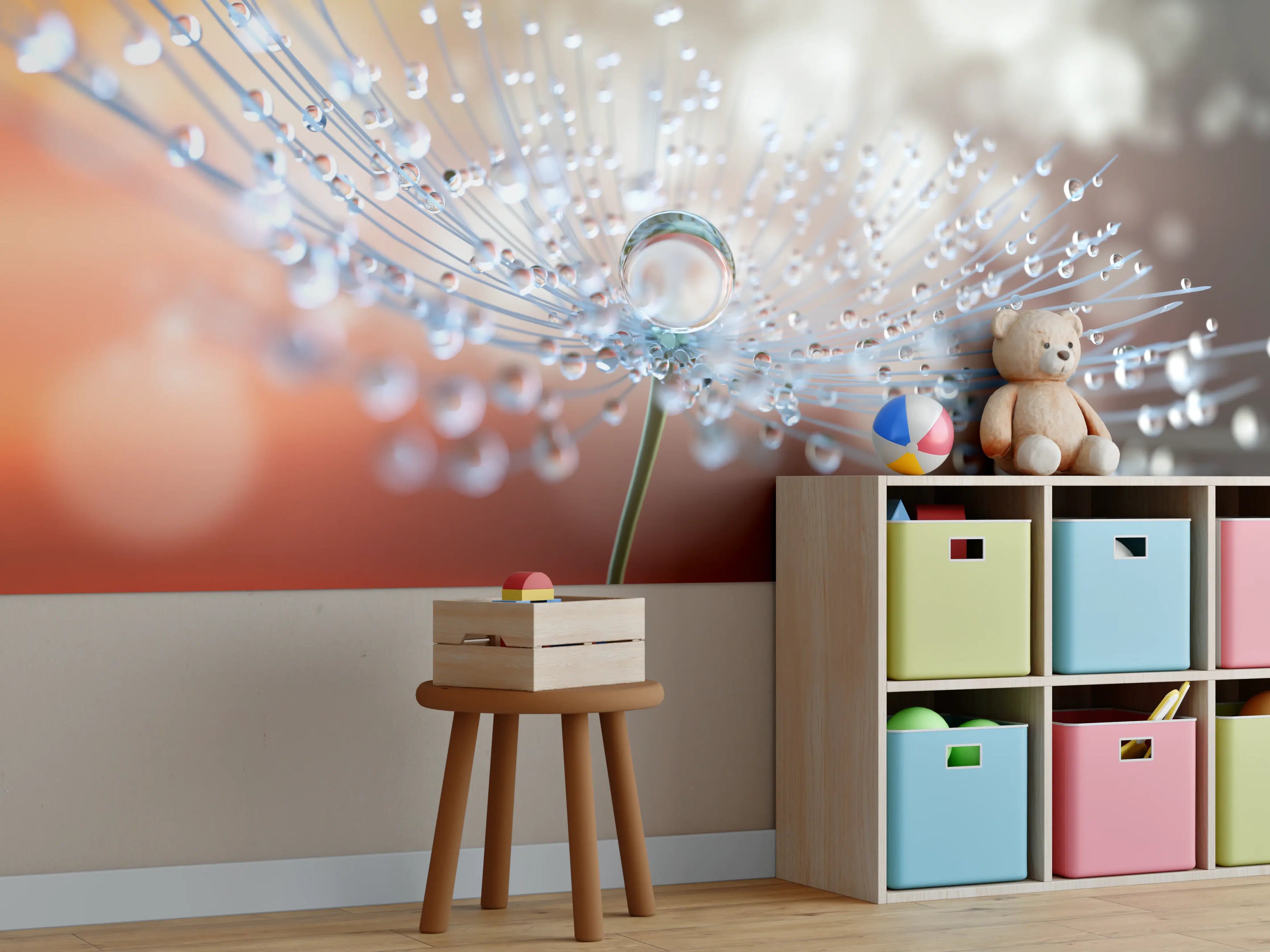 Kinderzimmer Wandgestaltung - Pusteblume mit Tautropfen bei Abendlicht