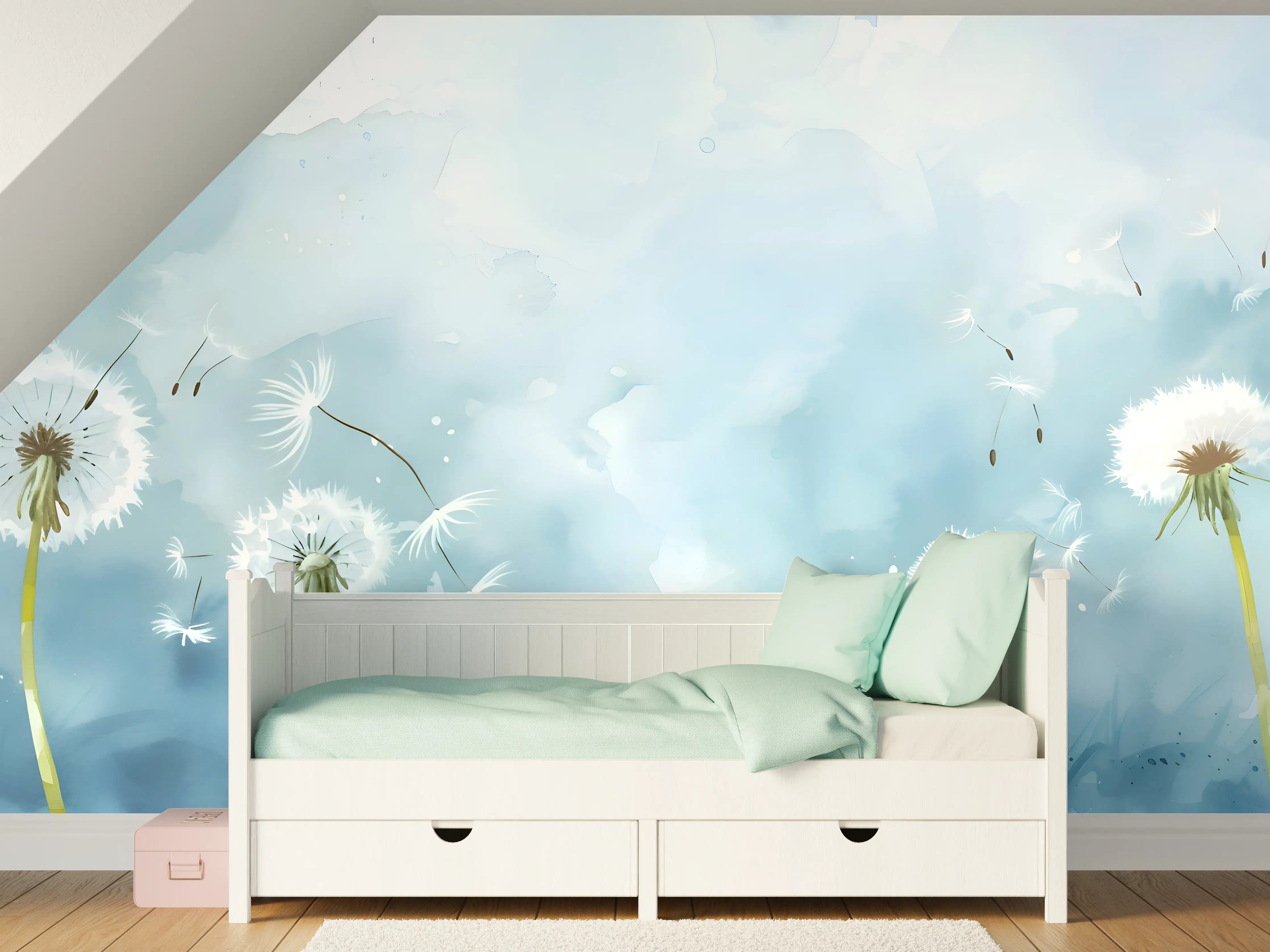 Kinderzimmer Wandgestaltung - Pusteblumen Aquarell Blau-Weiß