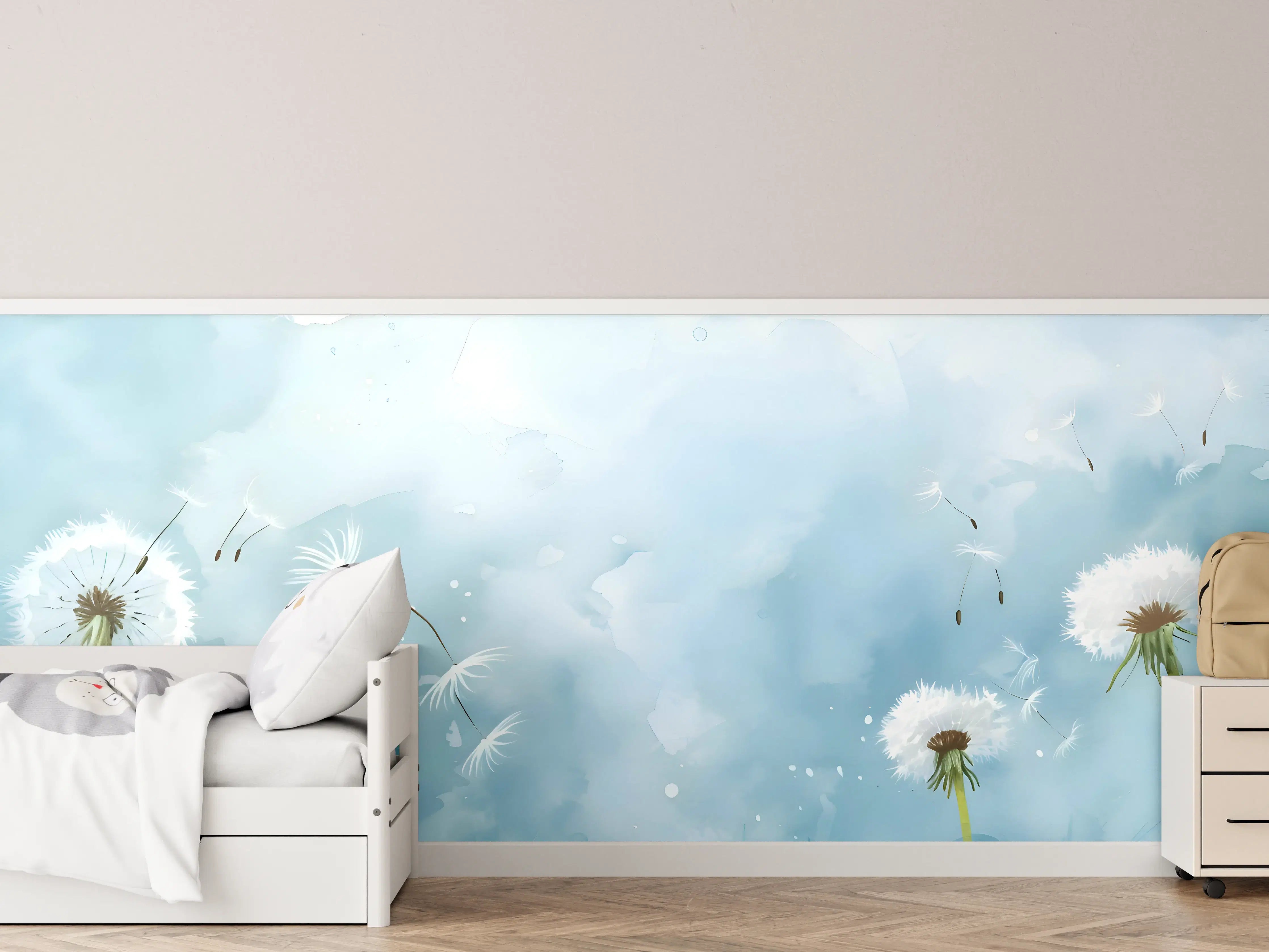Kinderzimmer Wandgestaltung - Pusteblumen Aquarell Blau-Weiß