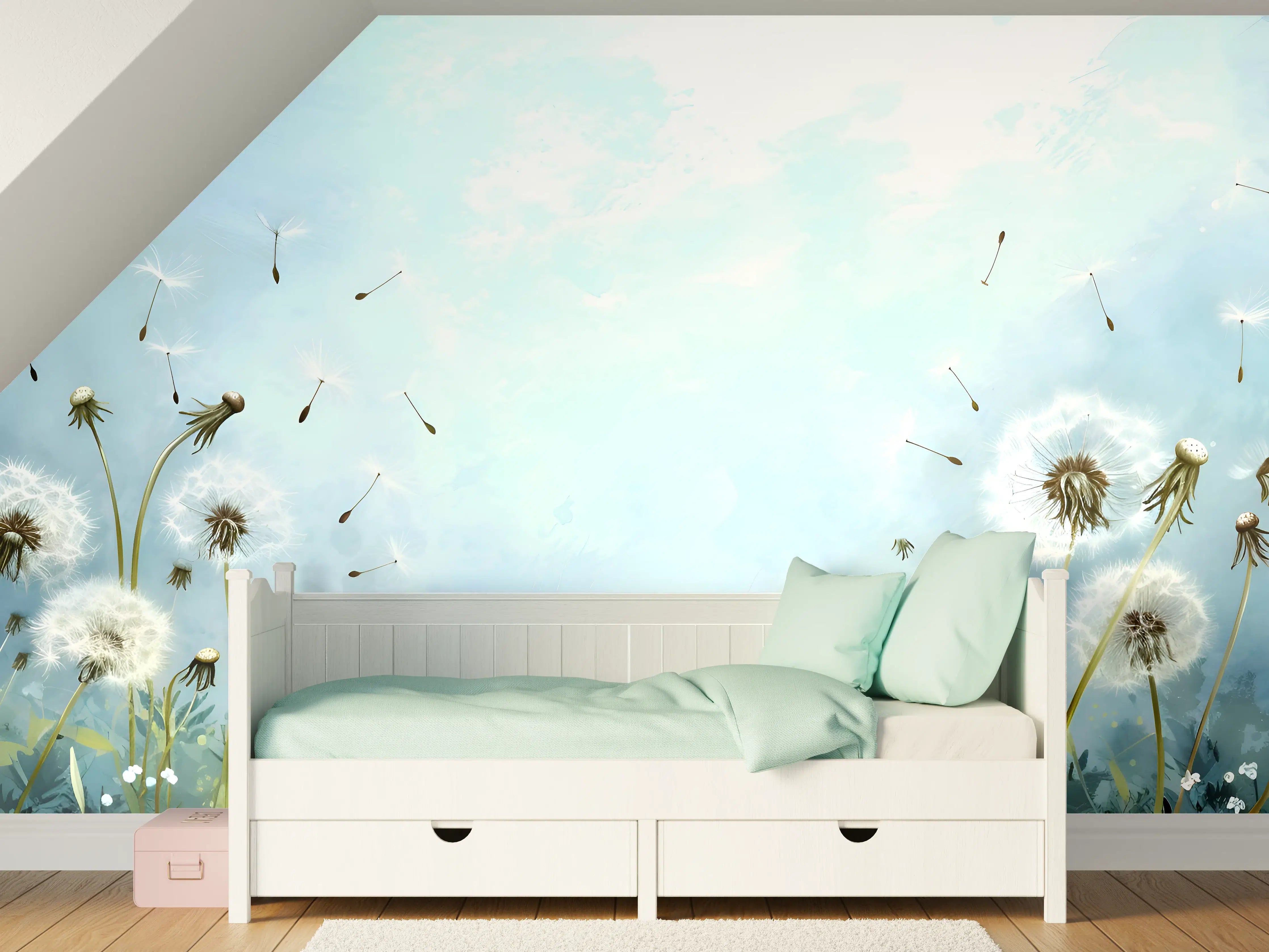 Kinderzimmer Wandgestaltung - Pusteblumen im blauen Himmel