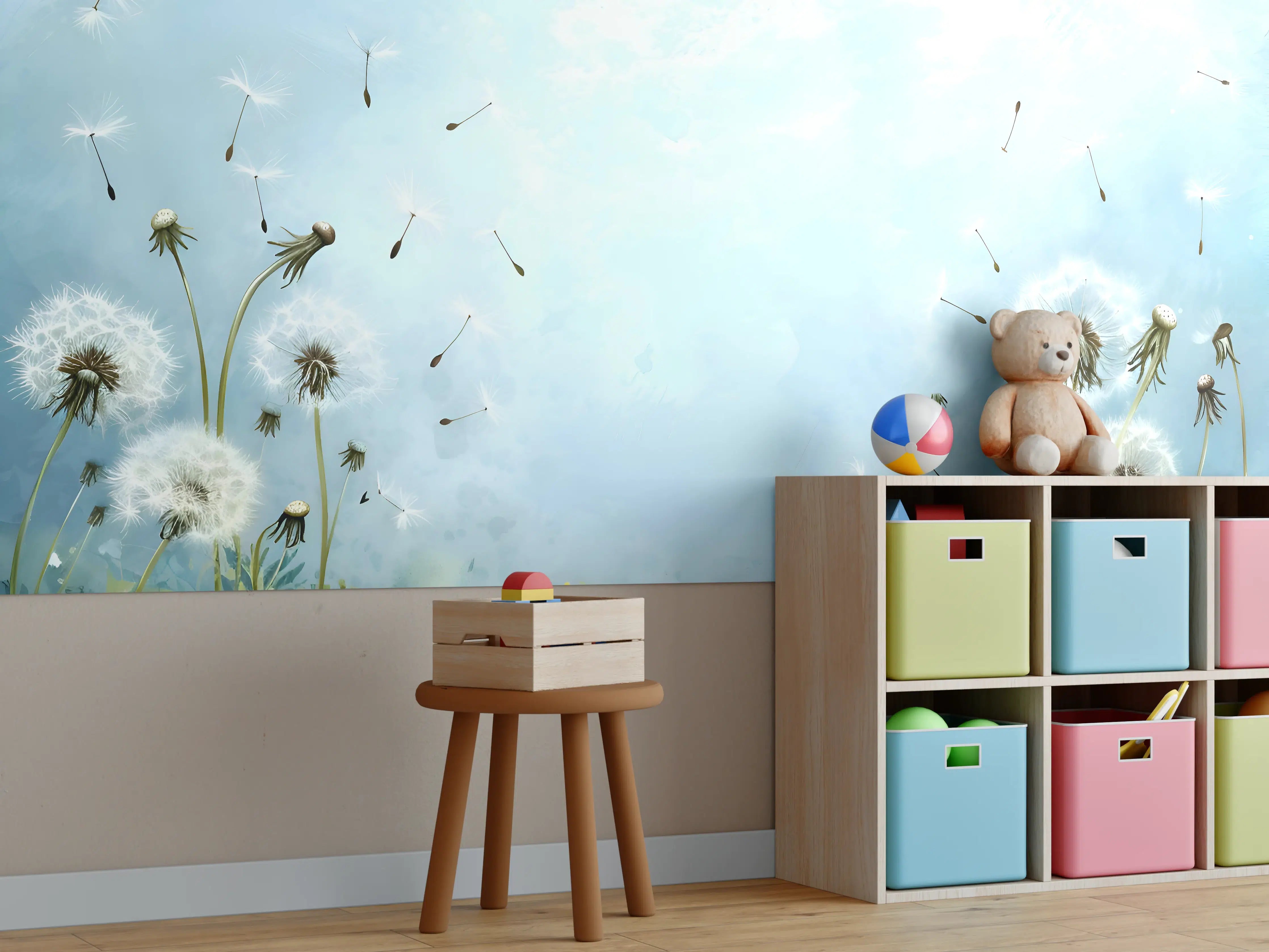 Kinderzimmer Wandgestaltung - Pusteblumen im blauen Himmel