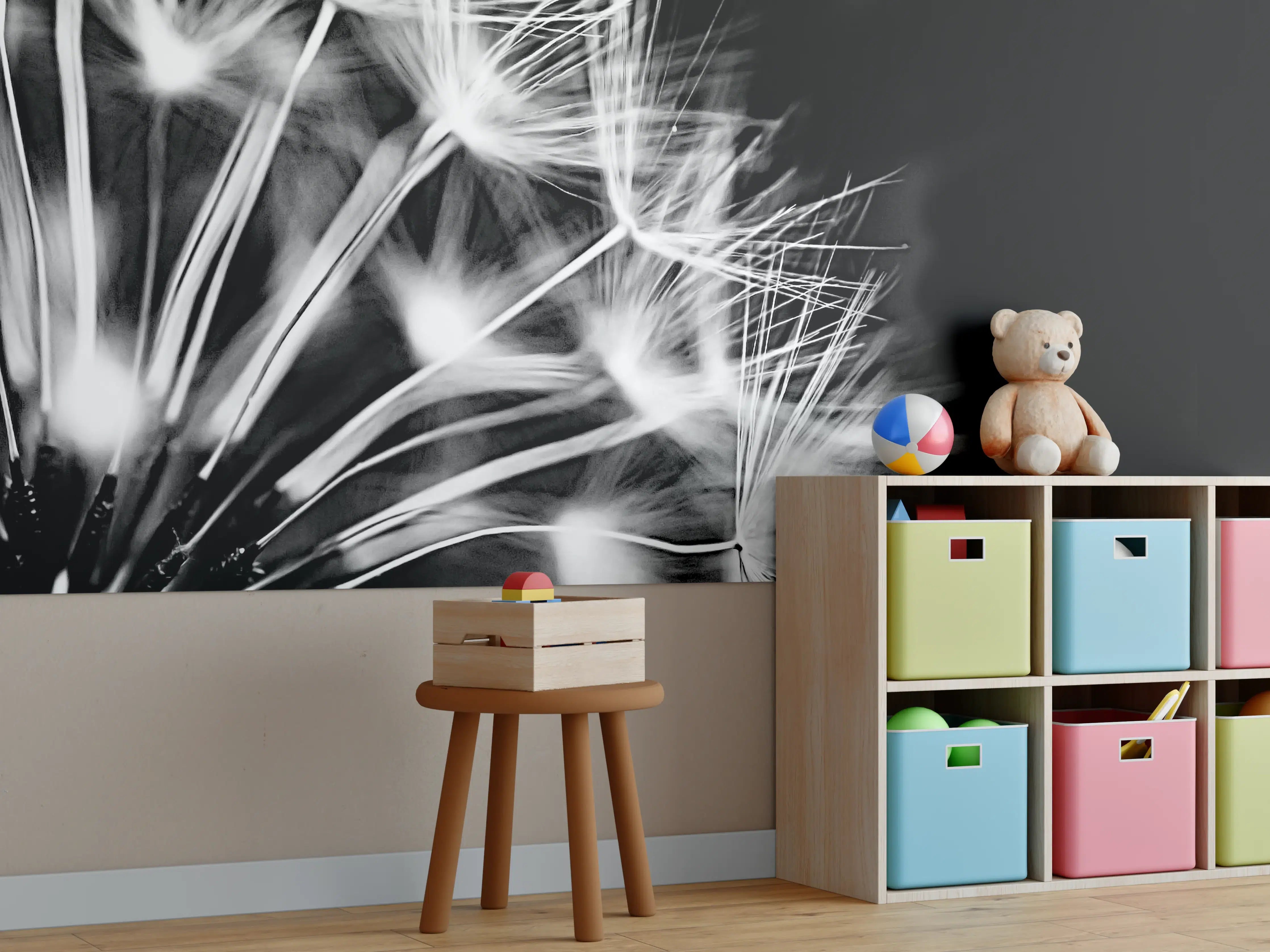 Kinderzimmer Wandgestaltung - Pusteblumen schwarz-weiß Hintergrund