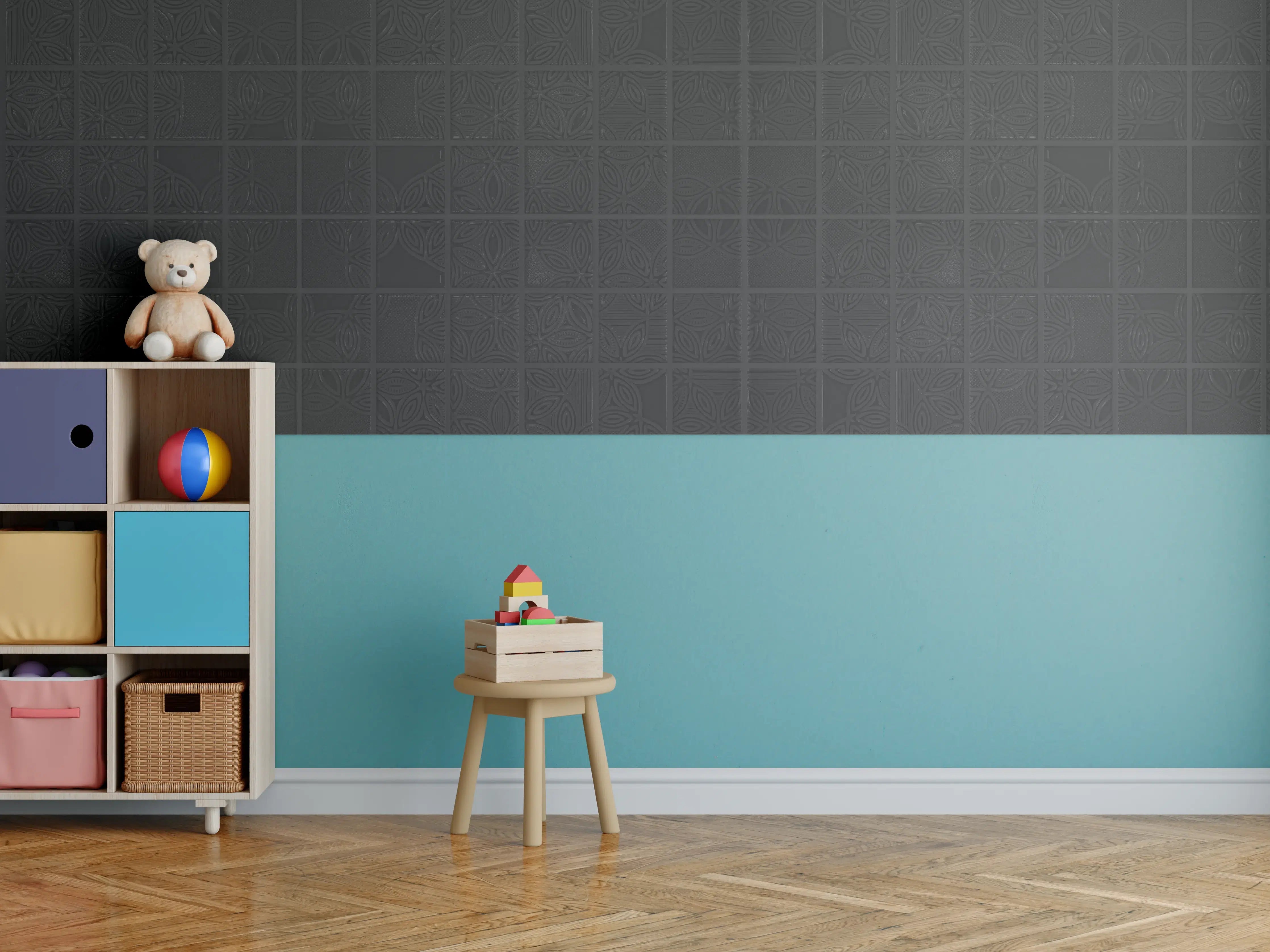 Kinderzimmer Wandgestaltung - Quadratische schwarze Fliesen