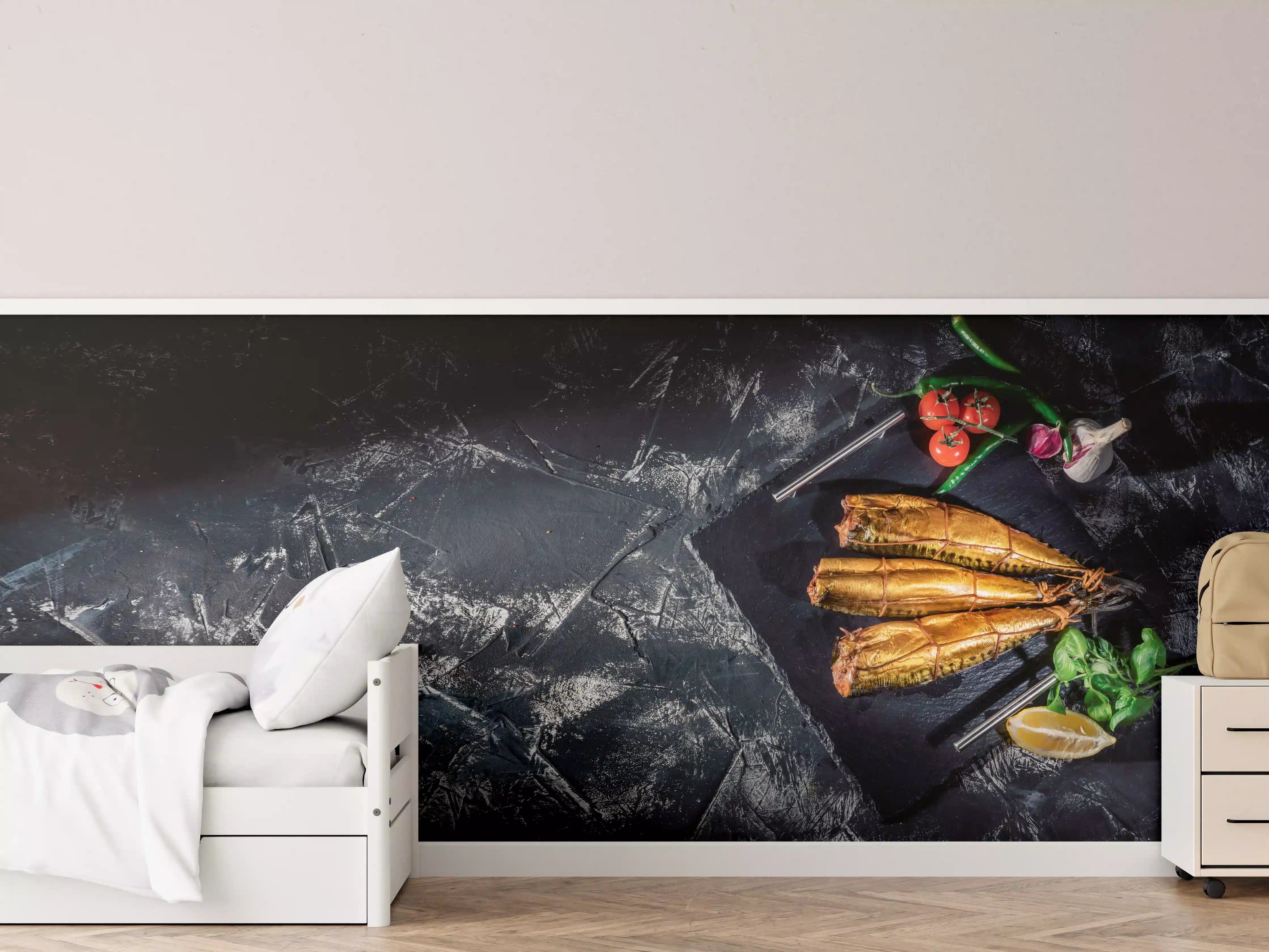 Kinderzimmer Wandgestaltung - Räucherfisch auf dunklem Schiefer