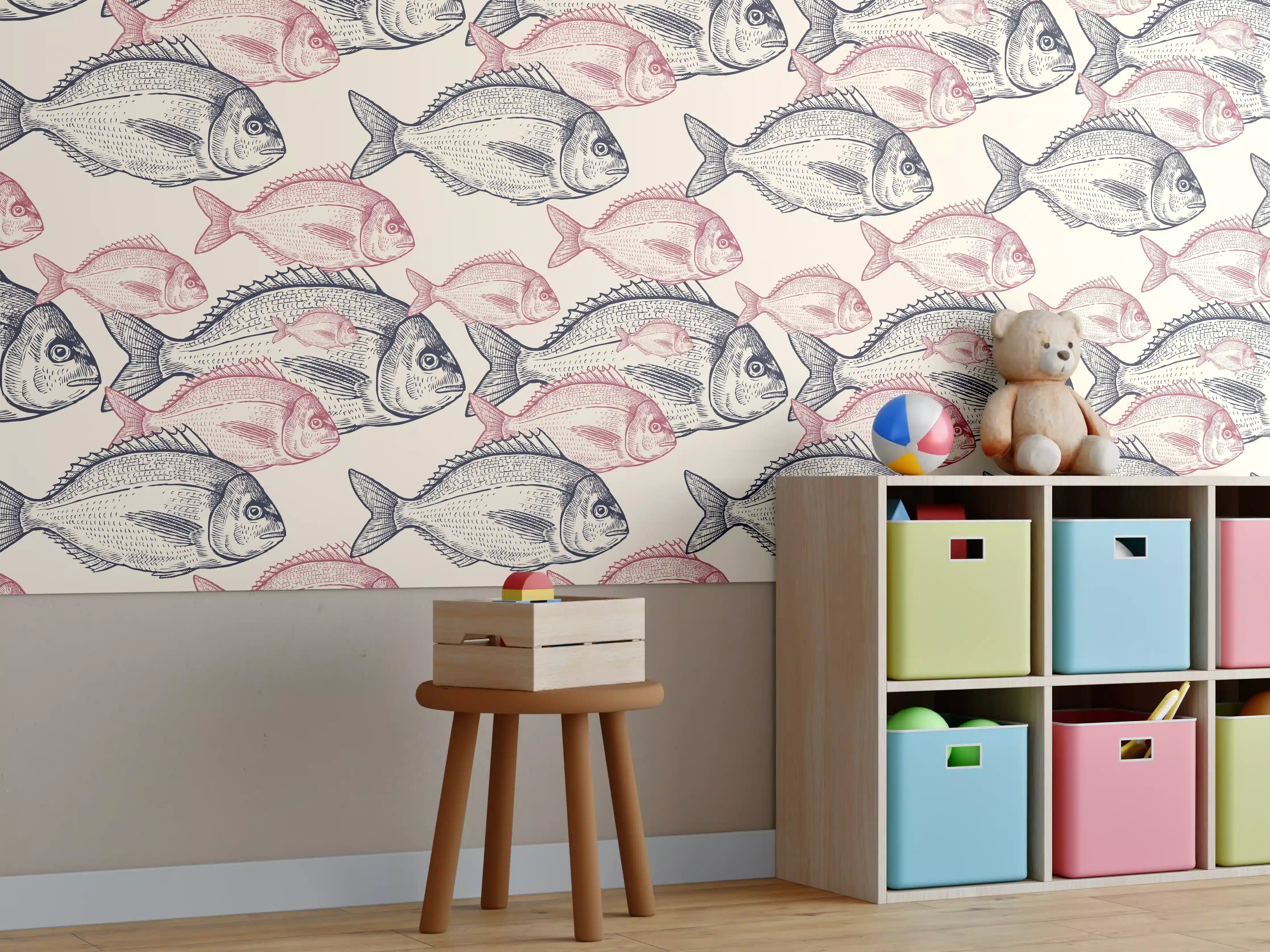Kinderzimmer Wandgestaltung - Realistisches Fischmuster Rosa-Grau