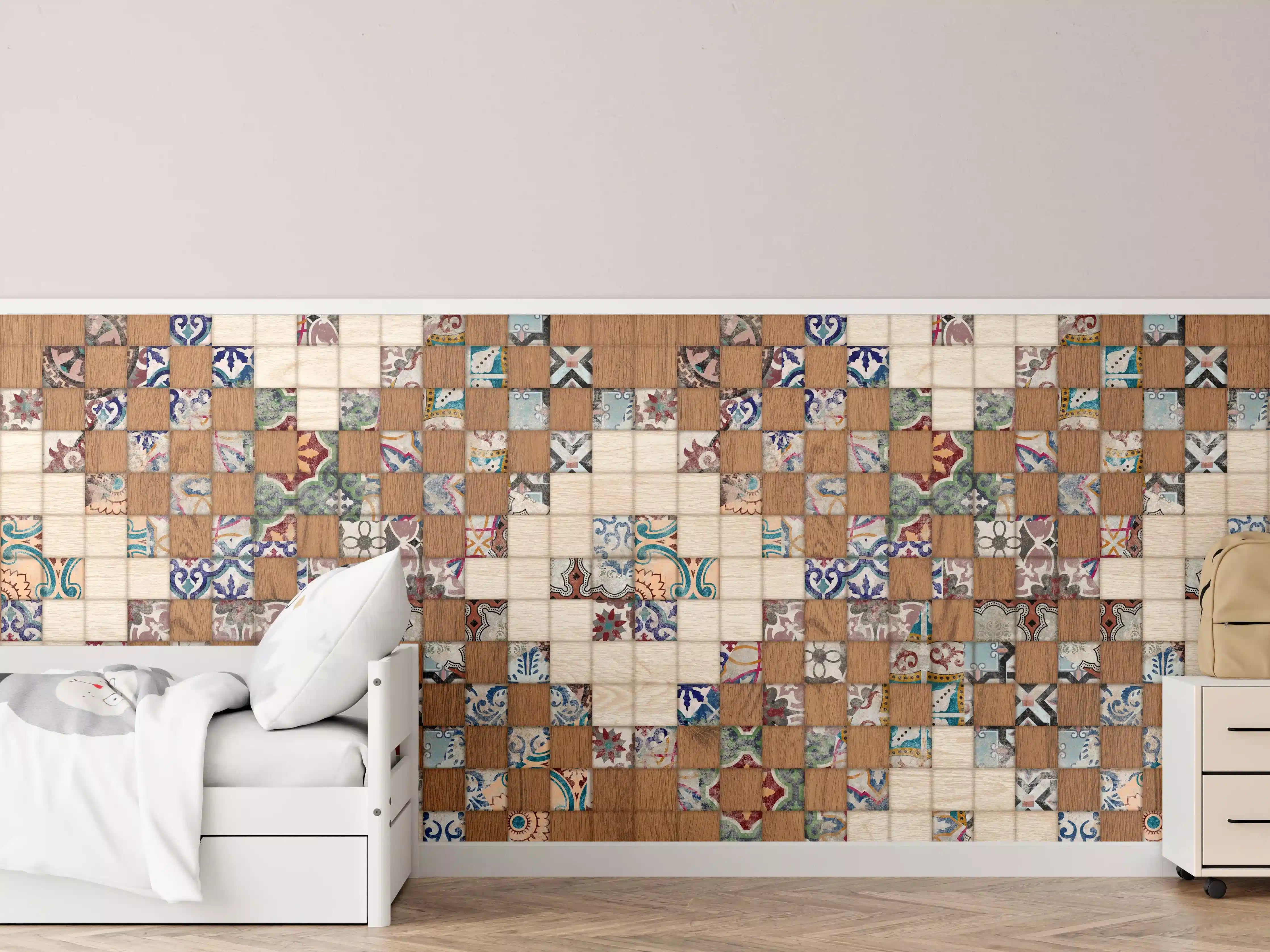 Kinderzimmer Wandgestaltung - Retro Mosaik Holztextur