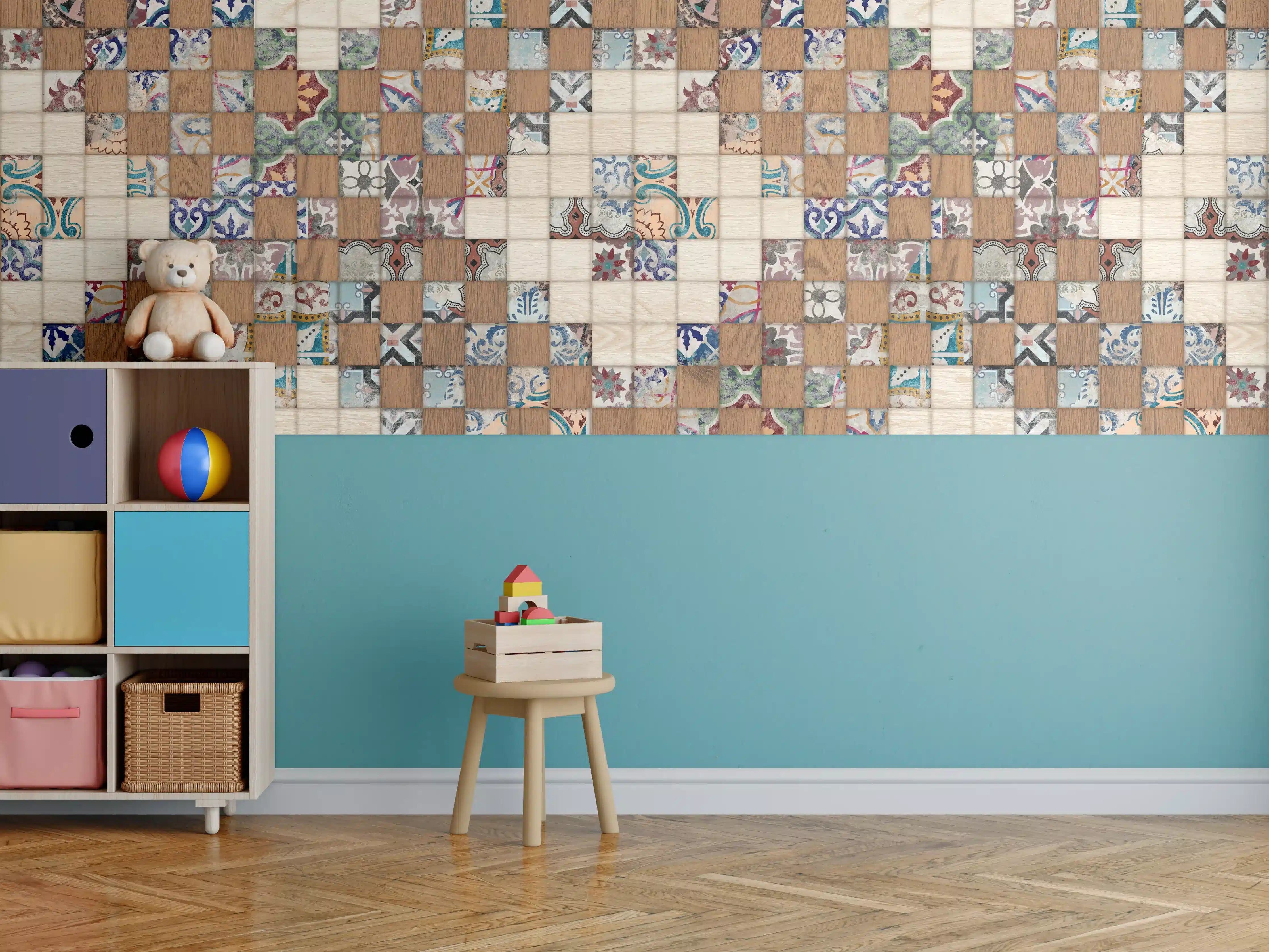 Kinderzimmer Wandgestaltung - Retro Mosaik Holztextur