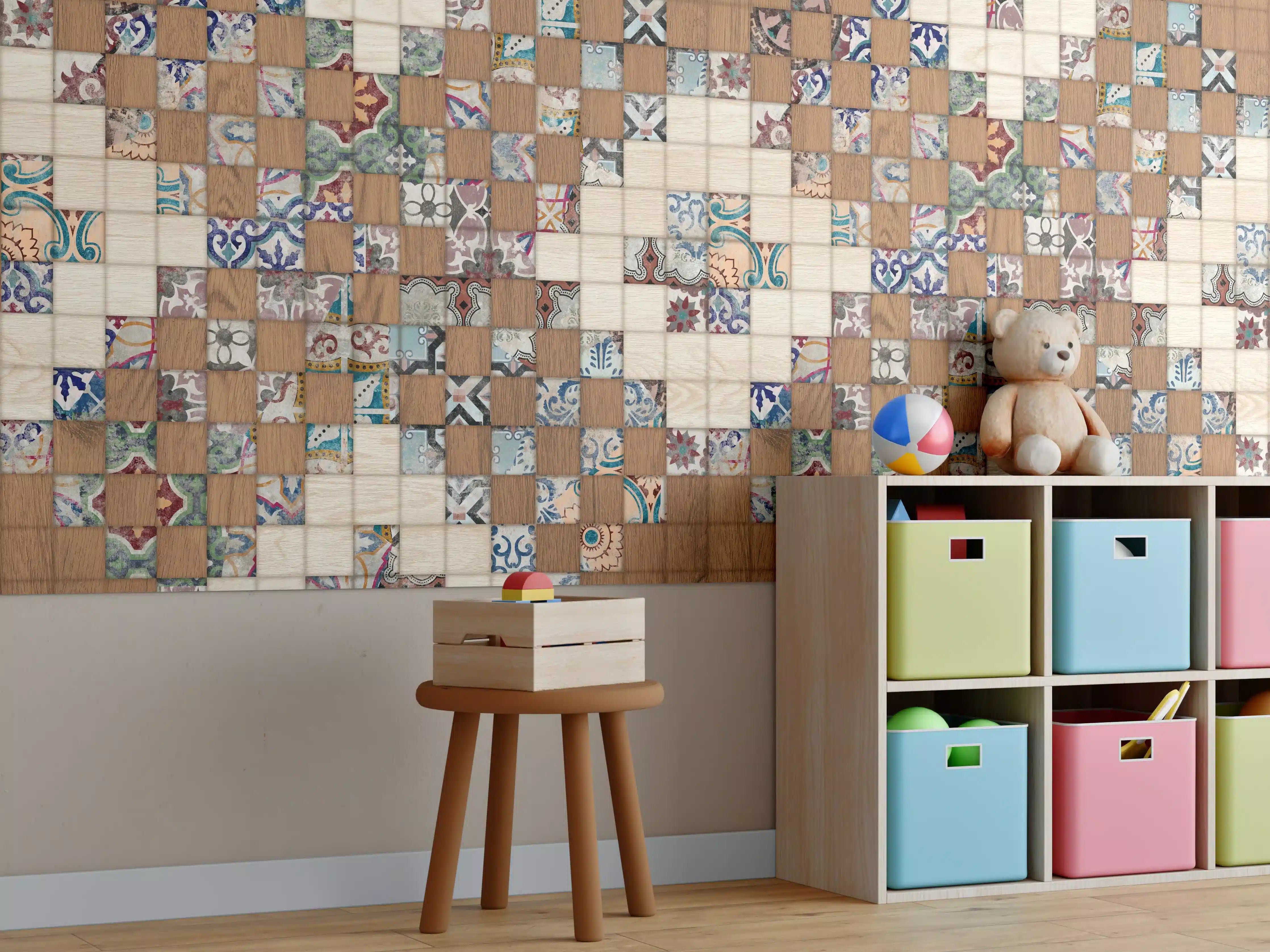 Kinderzimmer Wandgestaltung - Retro Mosaik Holztextur