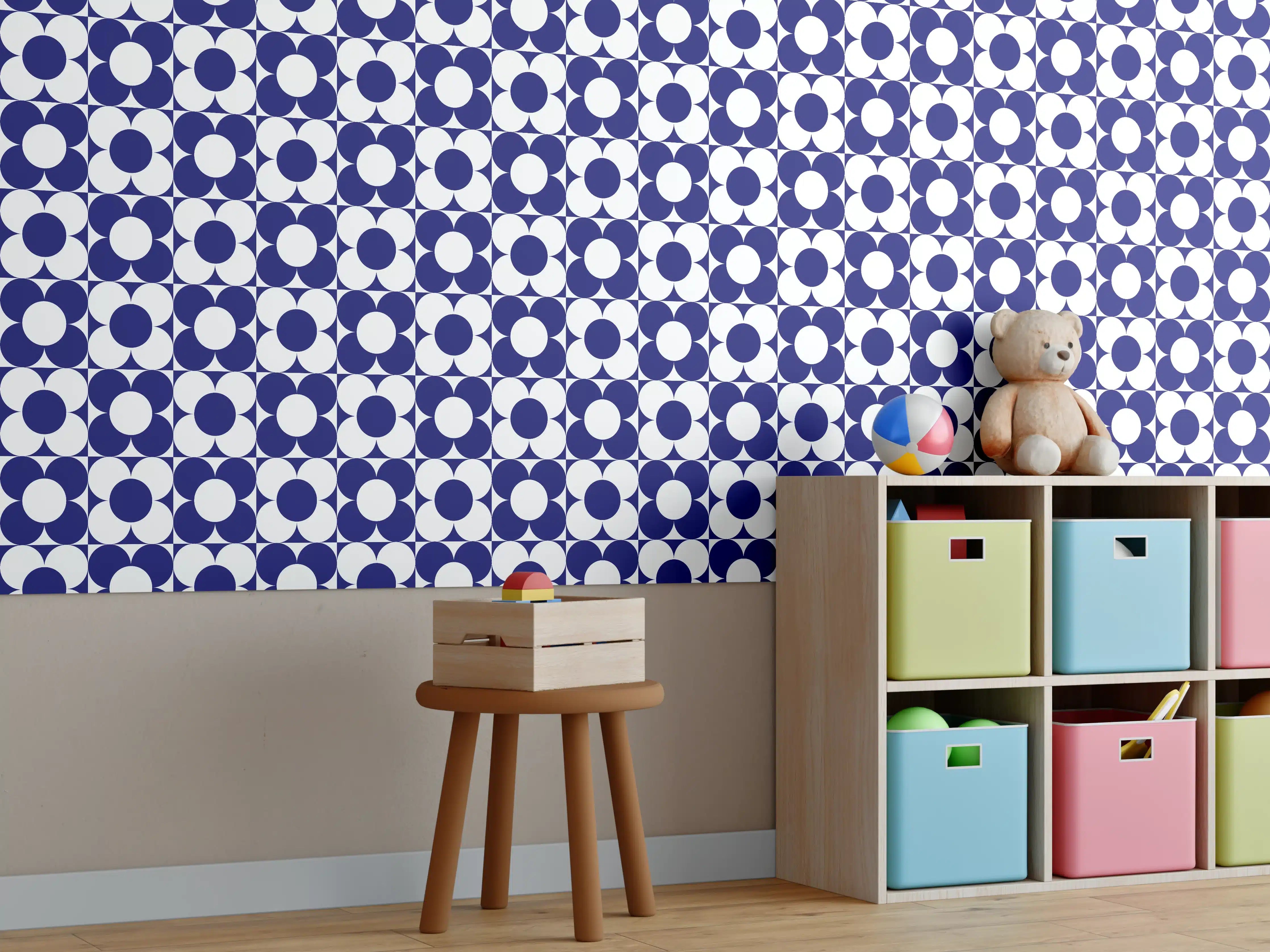 Kinderzimmer Wandgestaltung - Retro-Primavera-Bloemen in Blau