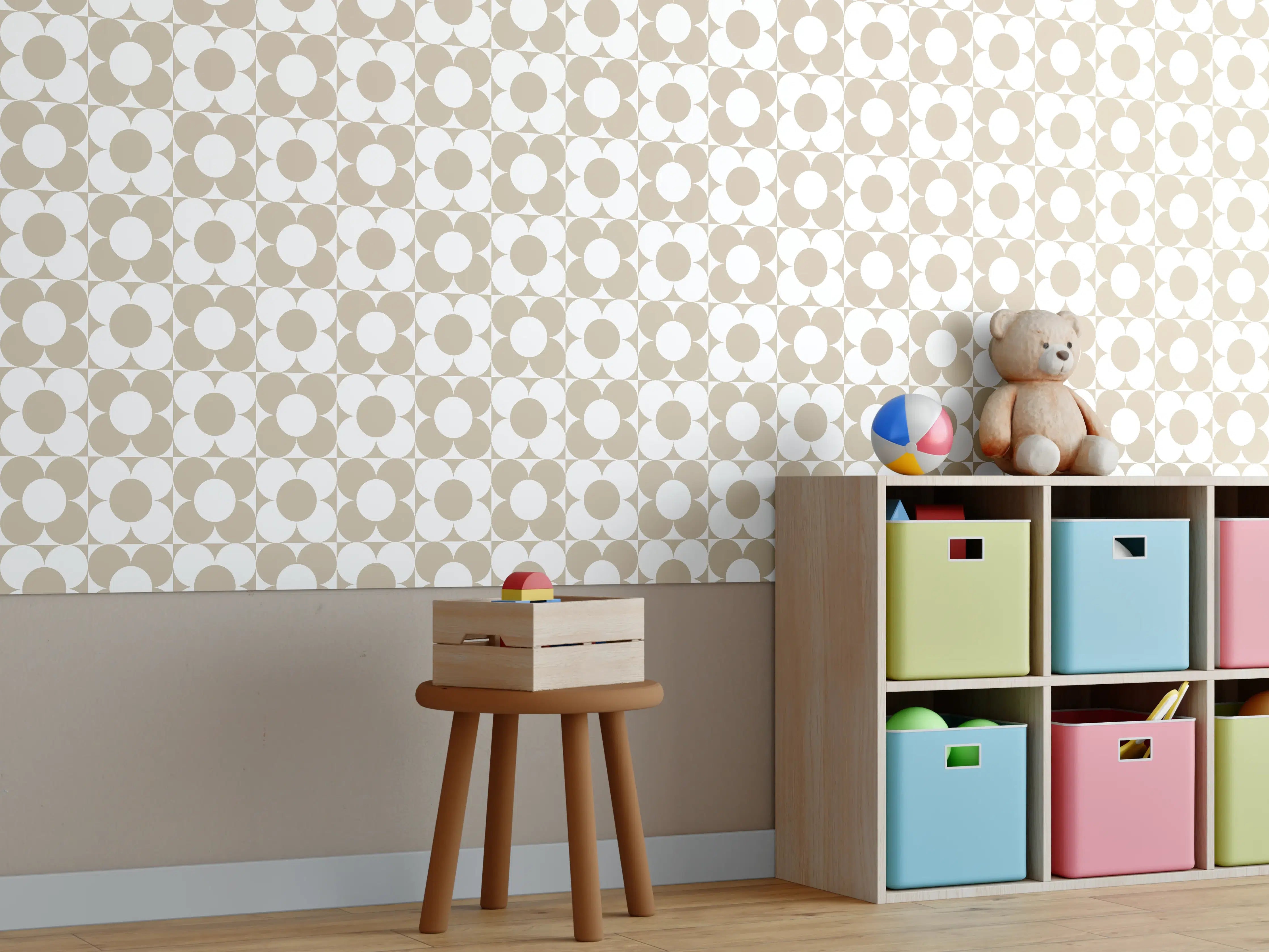 Kinderzimmer Wandgestaltung - Retro Primavera Cappuccino mitgrauen Akzenten
