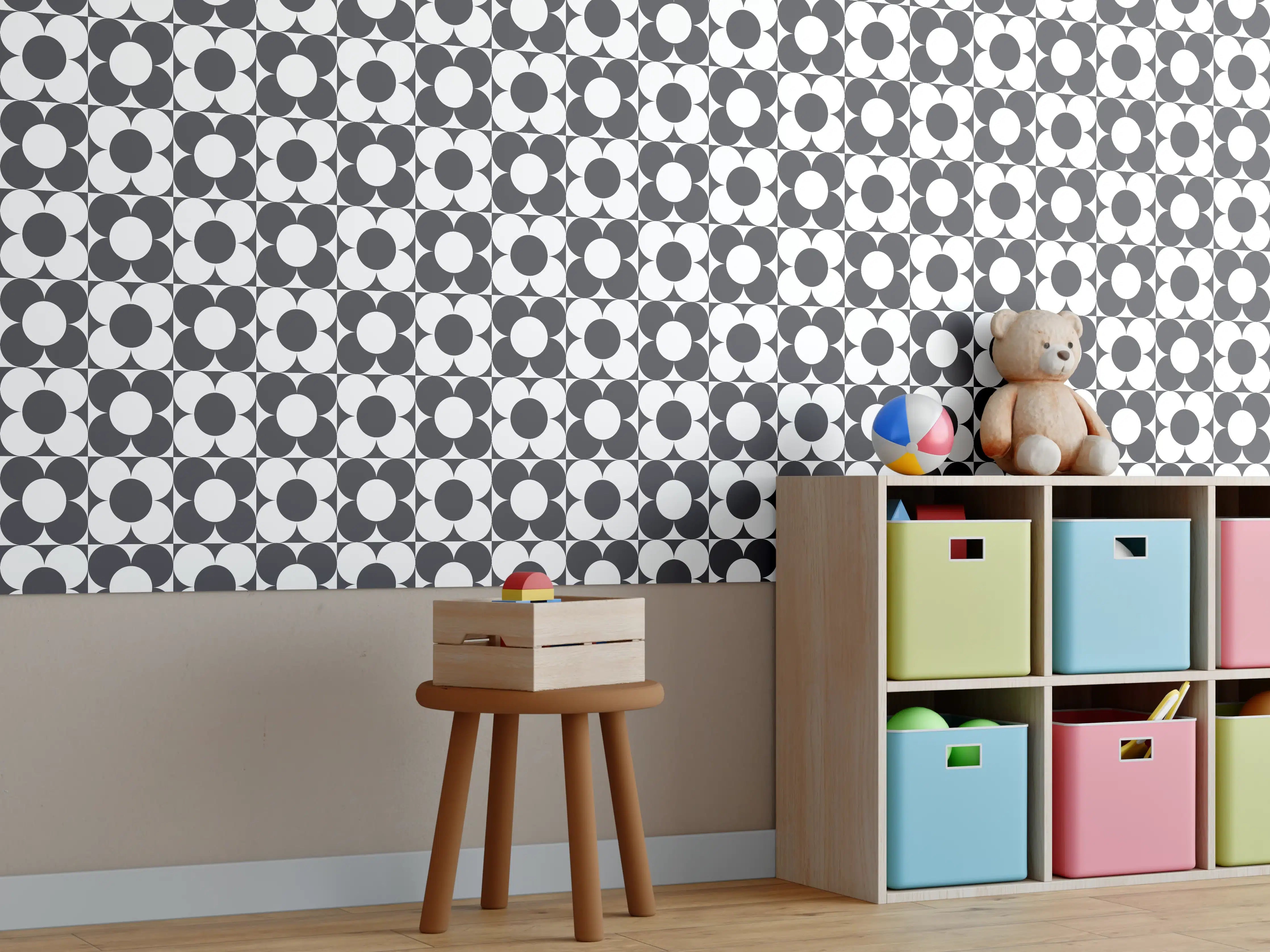 Kinderzimmer Wandgestaltung - Retro Primavera in Anthrazit mit Hellgrau-Details
