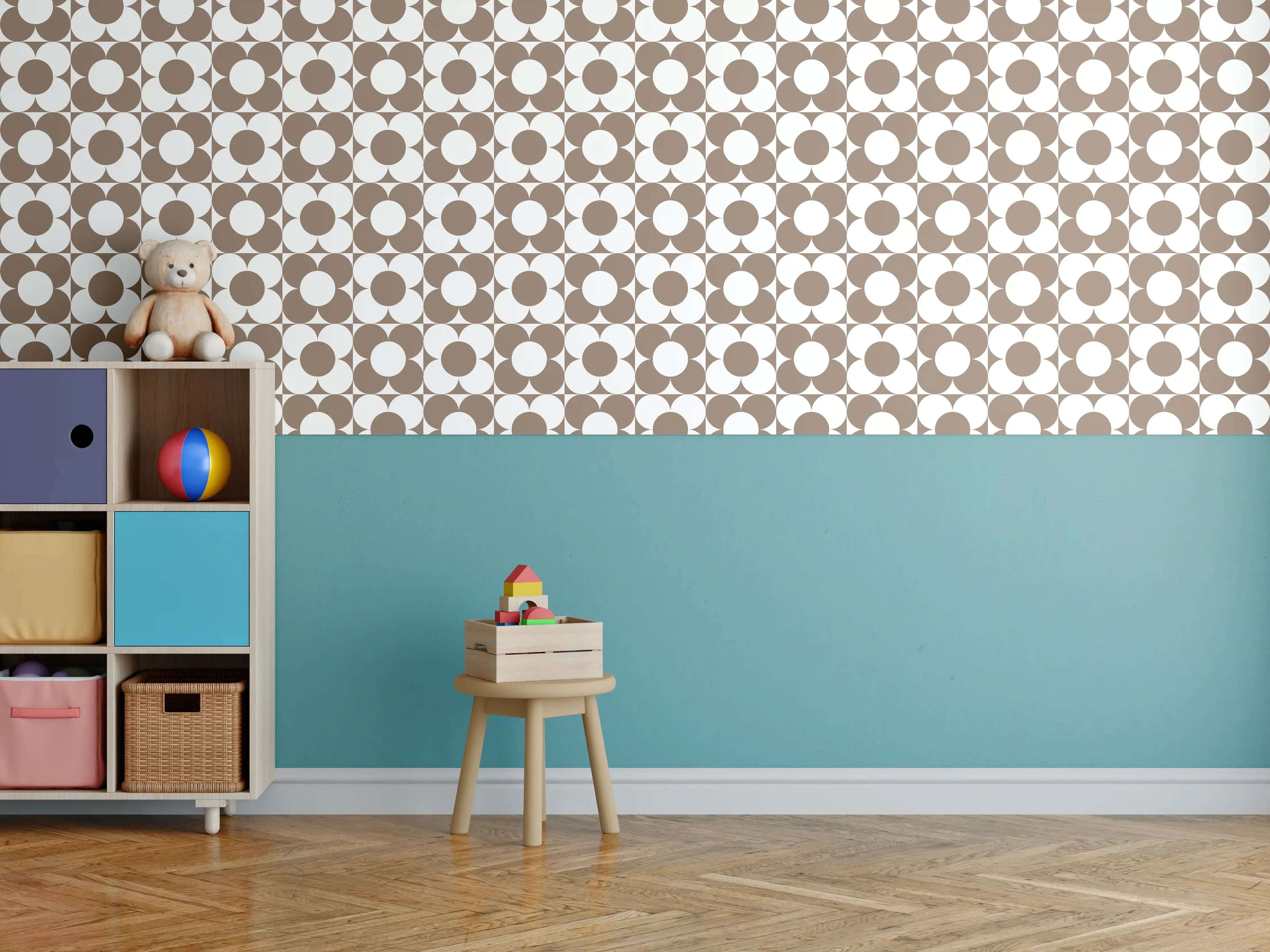 Kinderzimmer Wandgestaltung - Retro Primavera mit zarten Grautönen auf Weiß