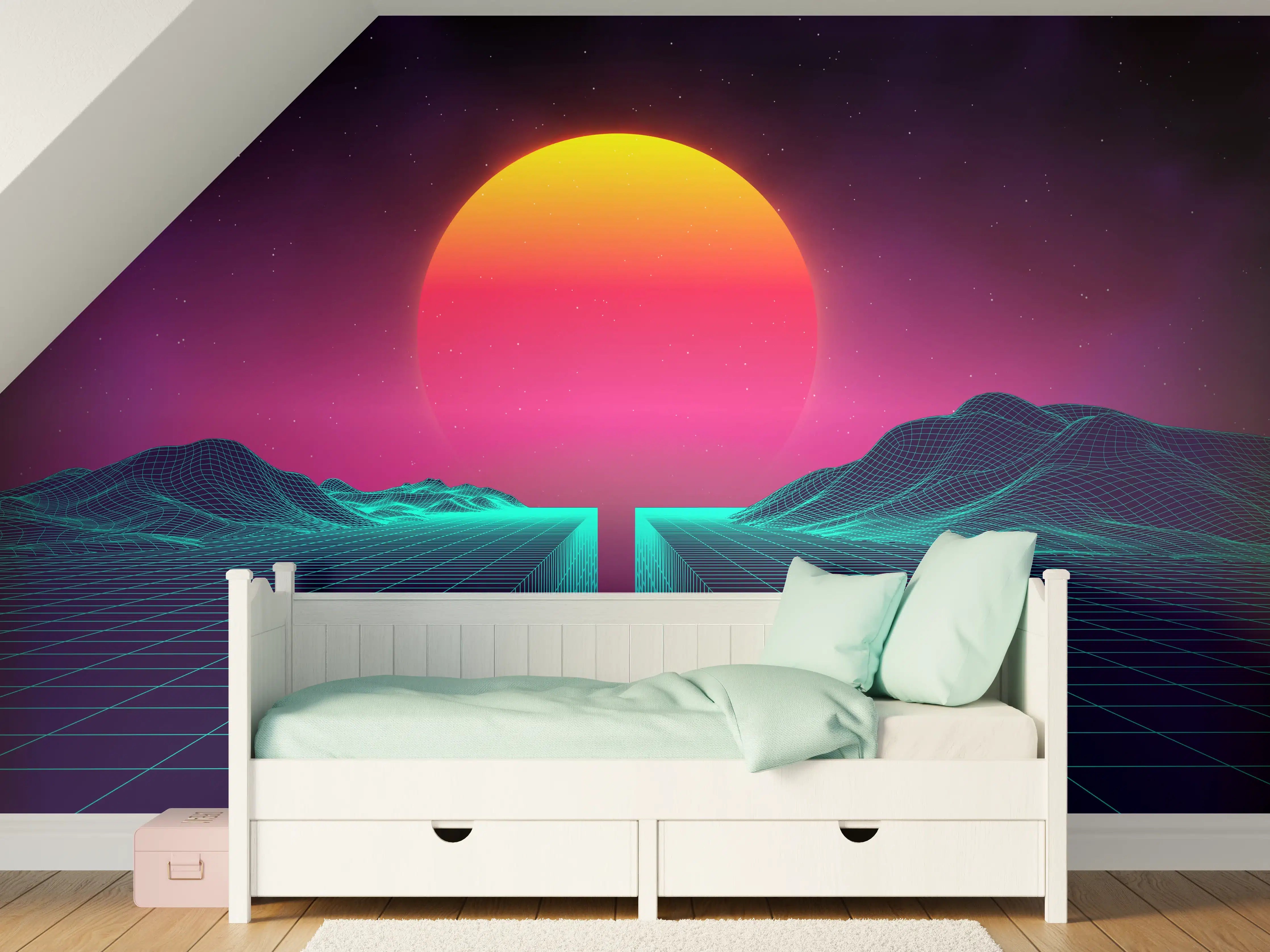 Kinderzimmer Wandgestaltung - Retro Sci-Fi Cyber-Landschaft