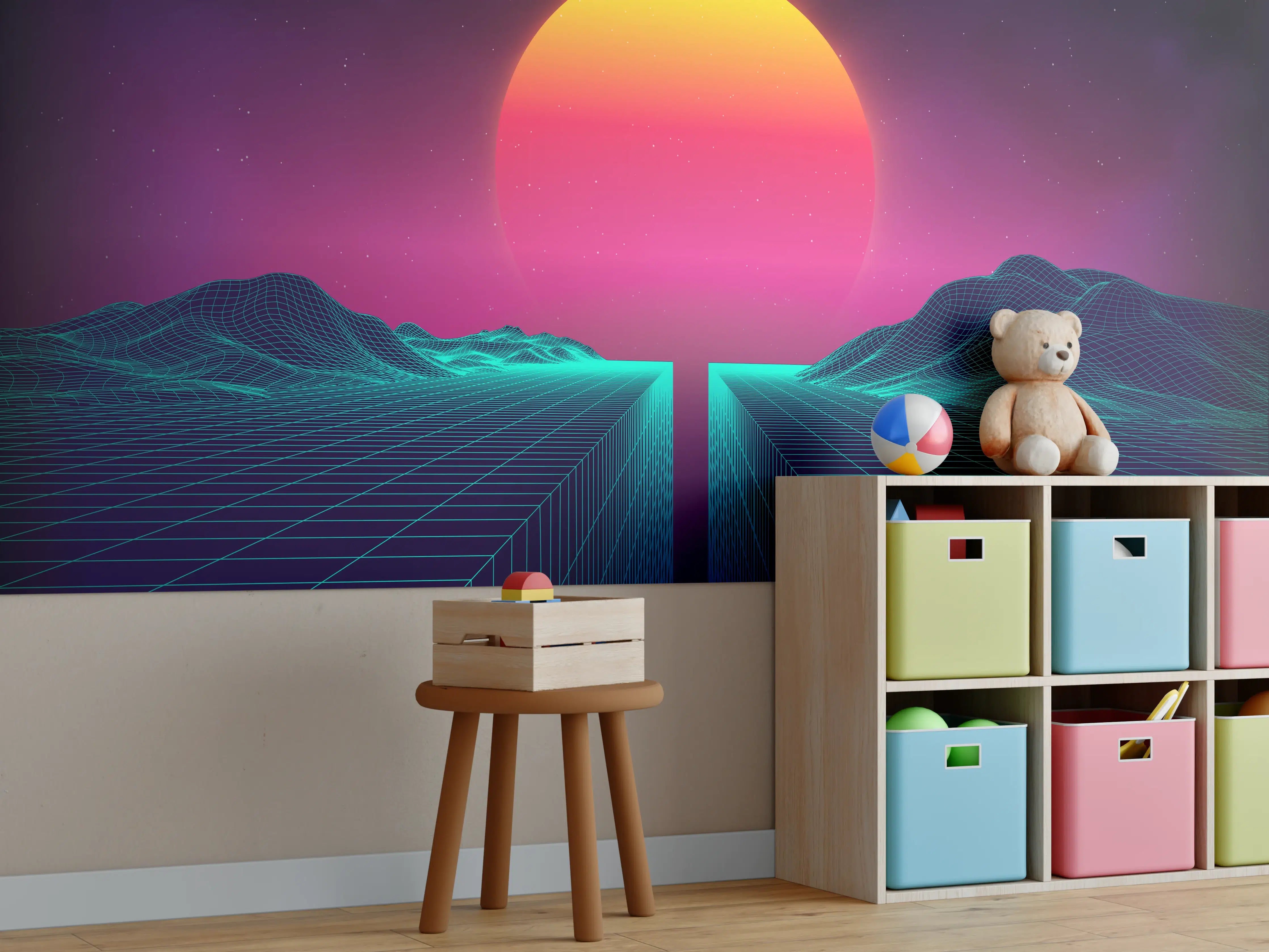 Kinderzimmer Wandgestaltung - Retro Sci-Fi Cyber-Landschaft